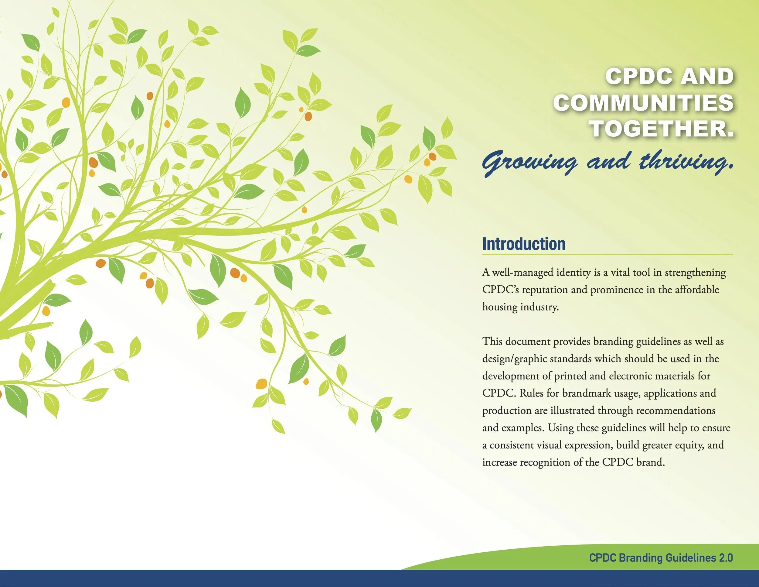 Green tree with leaves and small orange fruits on the branches, set against a light green background. Text on the right side says 'CPDC and Communities Together. Growing and thriving.' A section labeled 'Introduction' explains the importance of well-