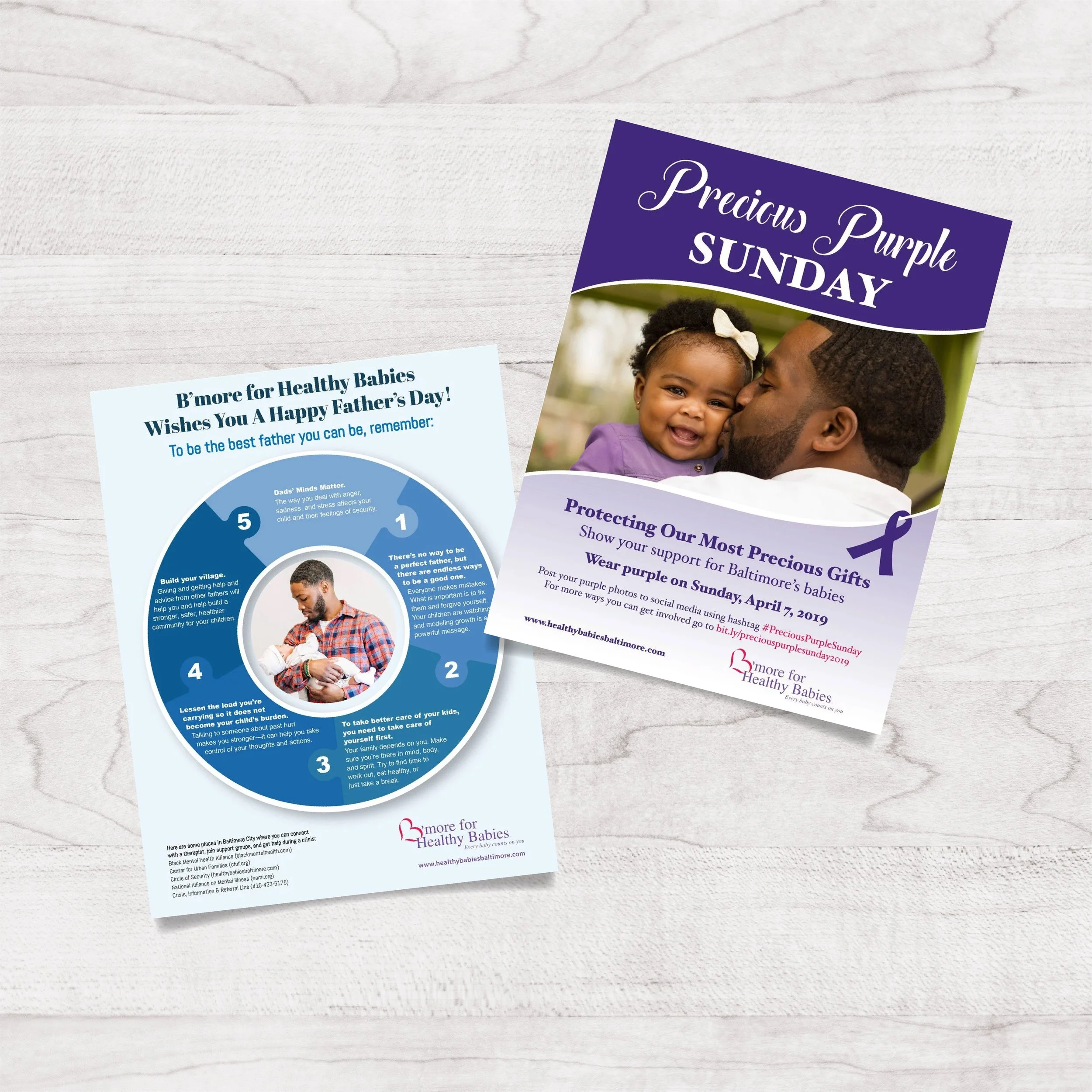 A flyer for Purple Sunday, showing a father kissing a smiling child on the cheek, with purple accents and an awareness ribbon, and a second informational flyer with a circular infographic about healthy fatherhood.