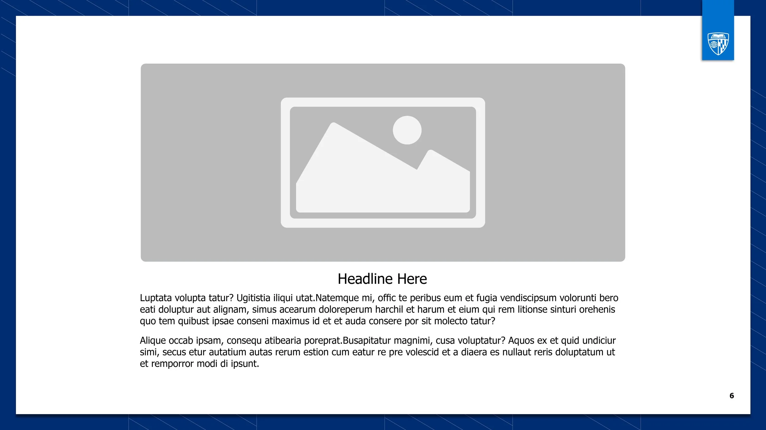 A presentation slide with a large gray placeholder and a smaller icon of a landscape photo at the center. The slide has a blue and white border, and a logo in the top right corner. Text on the slide includes a headline, sample lorem ipsum paragraph, 
