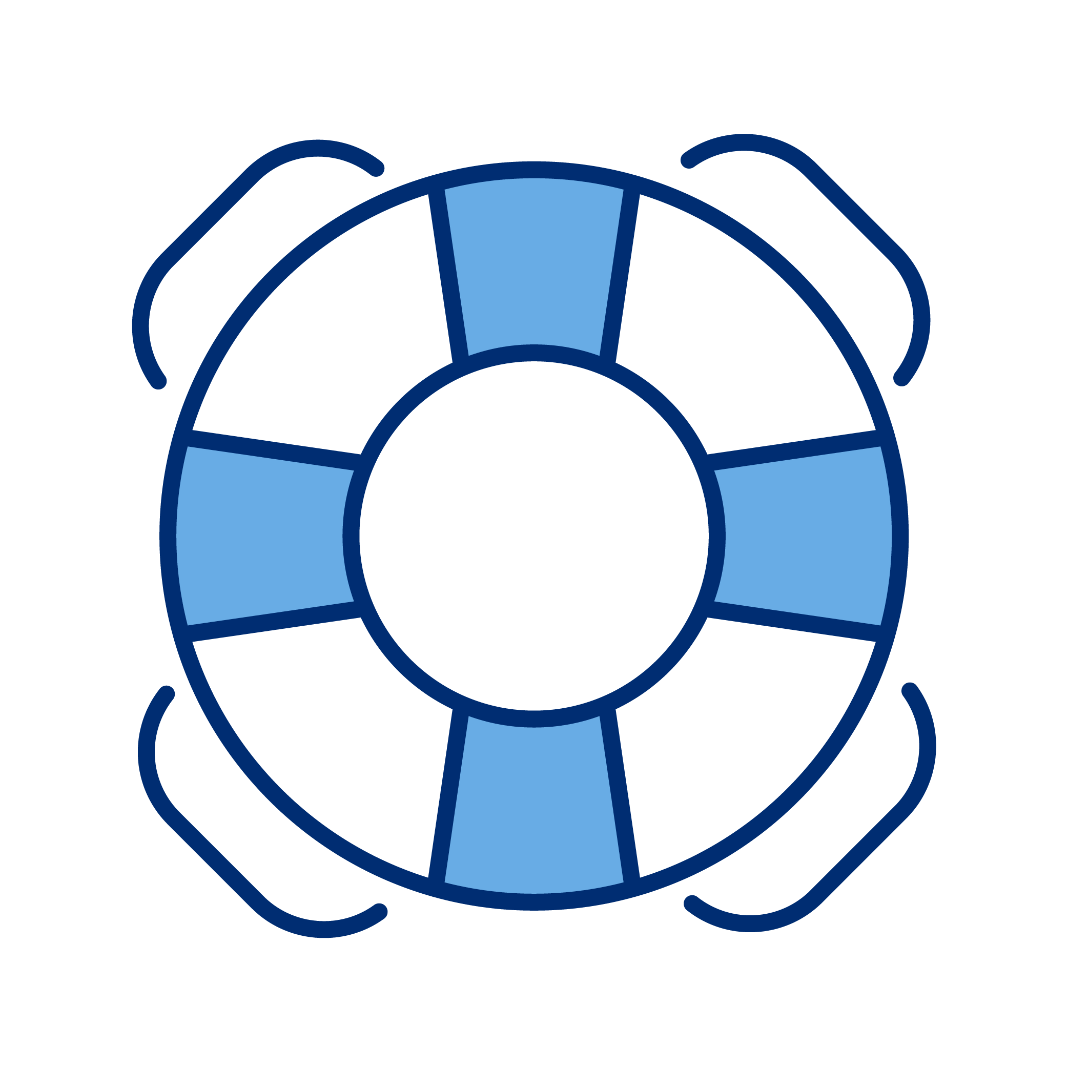 A graphic illustration of a life preserver with alternating dark and light blue sections and curved blue straps.