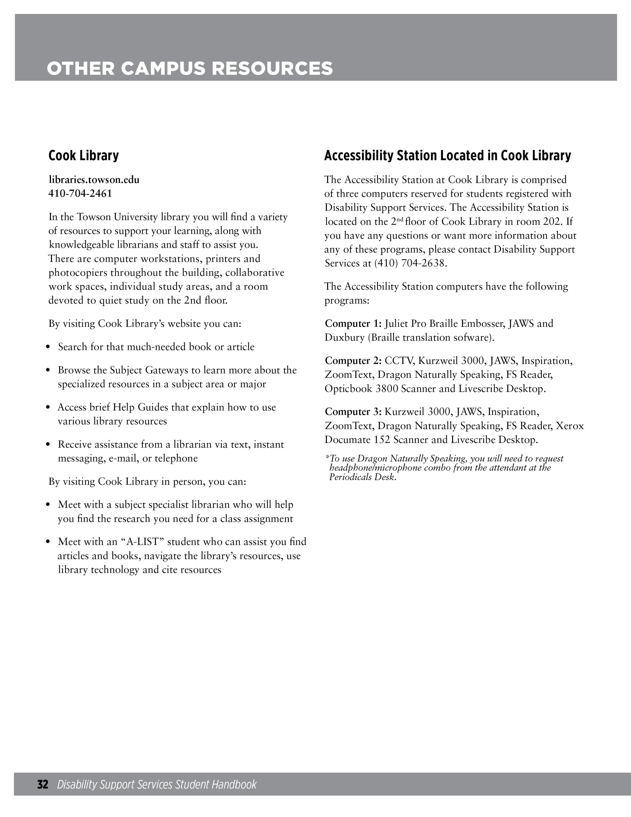 Page from a student handbook titled "Other Campus Resources," detailing services available at Cook Library and the Accessibility Station, including contact information, resources, and computer equipment for students.