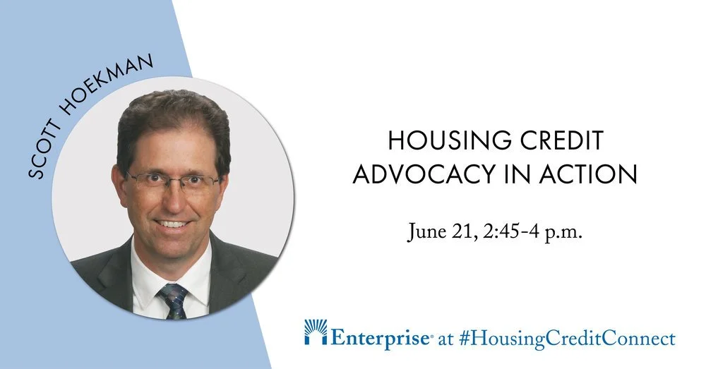 Event promotional graphic featuring a headshot of Scott Hoekman, a smiling man with glasses, dark hair, wearing a suit and tie. Text indicates the event is titled 'Housing Credit Advocacy in Action,' scheduled for June 21 from 2:45 to 4 p.m., hosted 