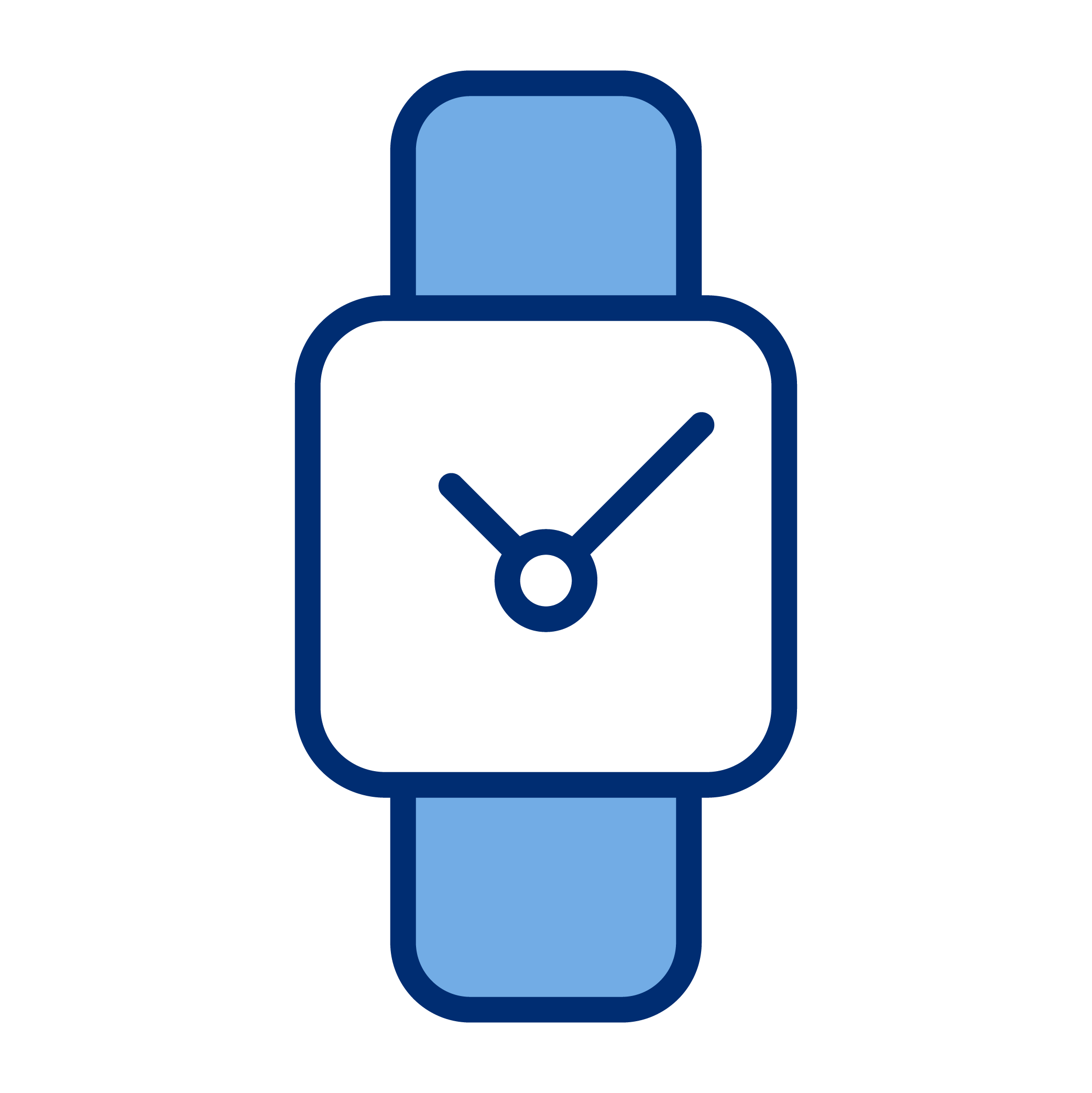 A digital illustration of a wristwatch with a blue strap and a black watch face showing the time.