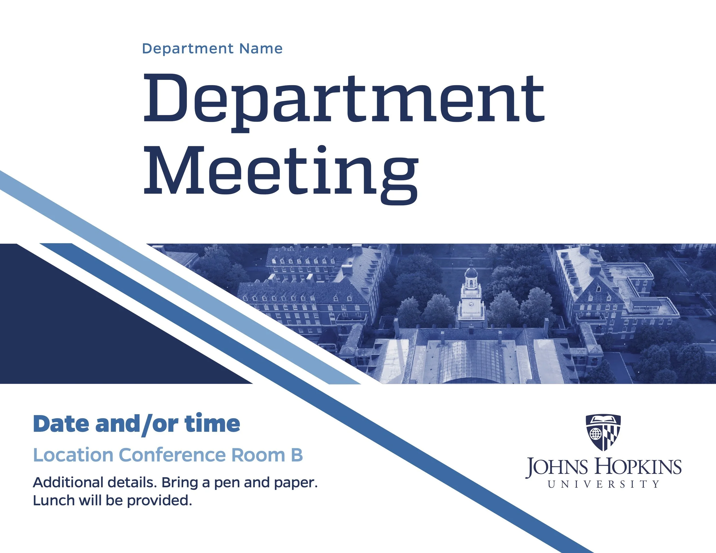 Flyer for a Johns Hopkins University Department Meeting with date, location, and instructions to bring a pen and paper, and that lunch will be provided.