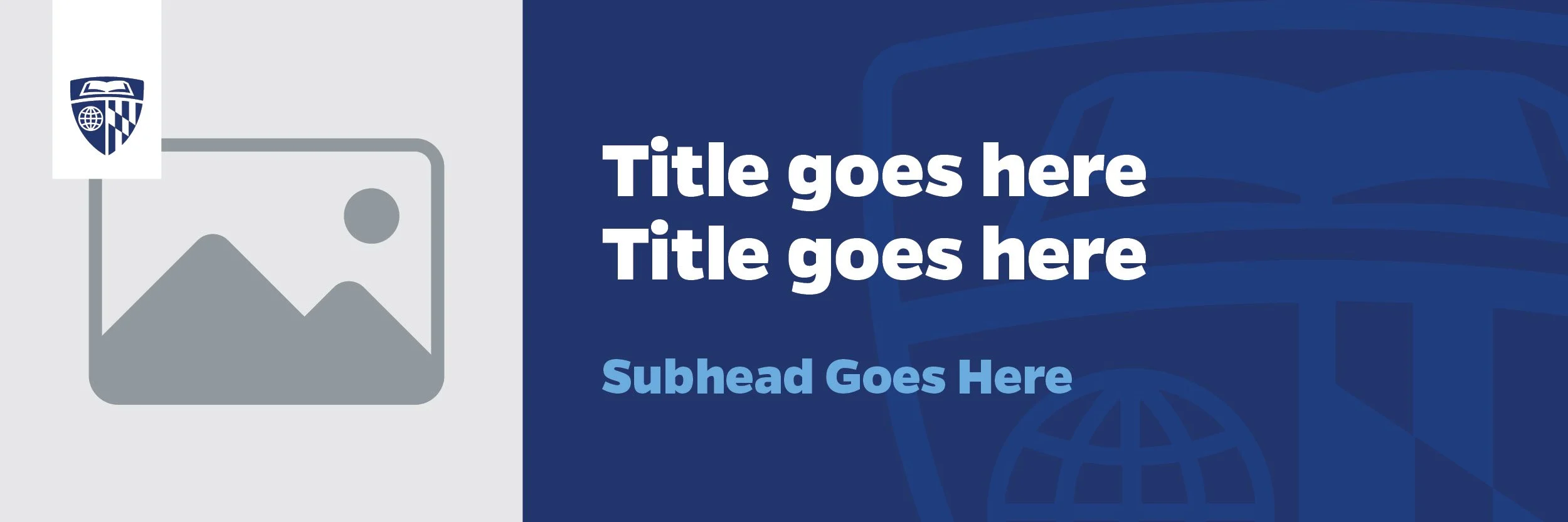 A presentation slide with a blue background, white and light blue text, a placeholder for an image on the left, and a logo of a shield with open book and globe symbols in the top left corner.