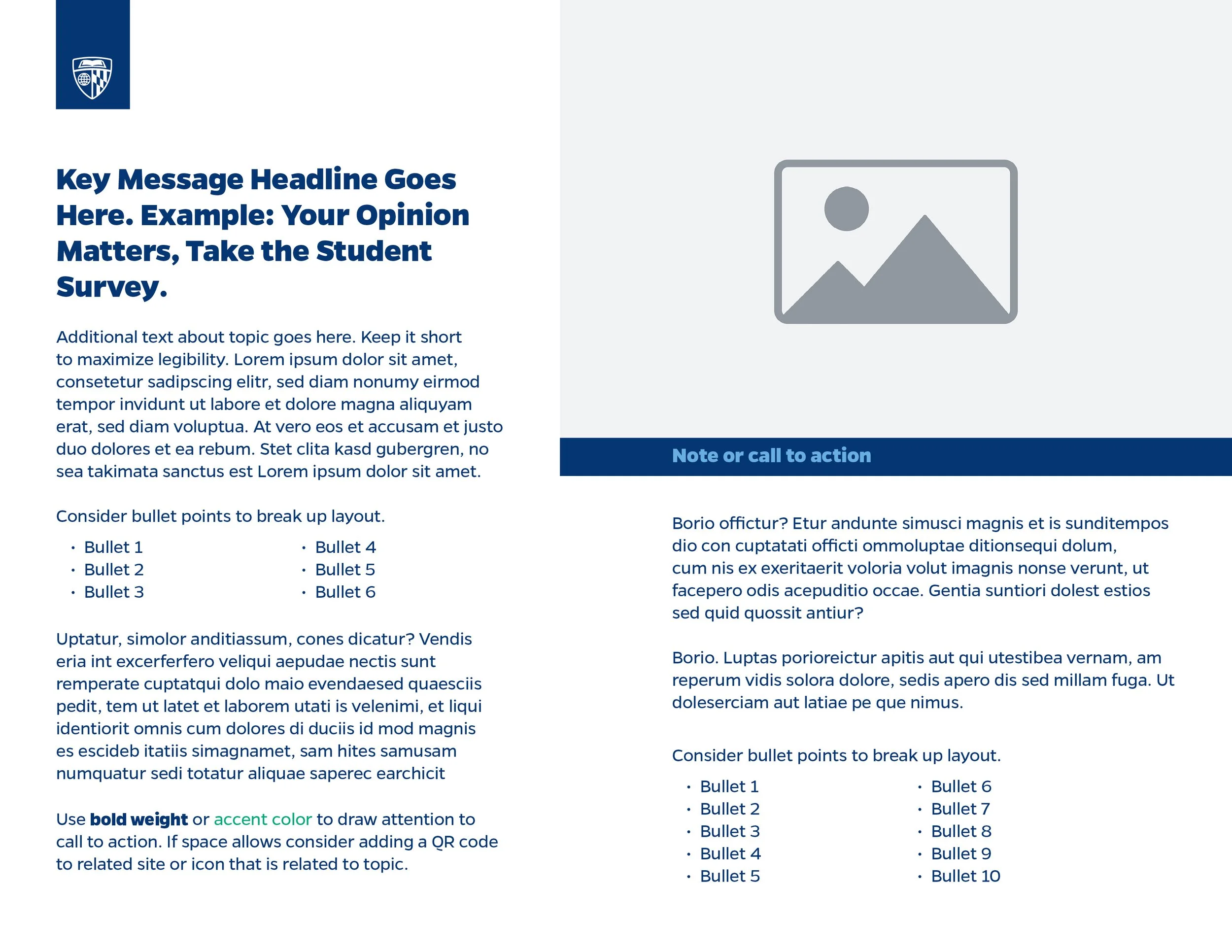 A presentation slide with a key message headline, dummy text, a grey photo placeholder, and bullet lists. The slide has a blue header with collaboration icons and a section labeled note or call to action.