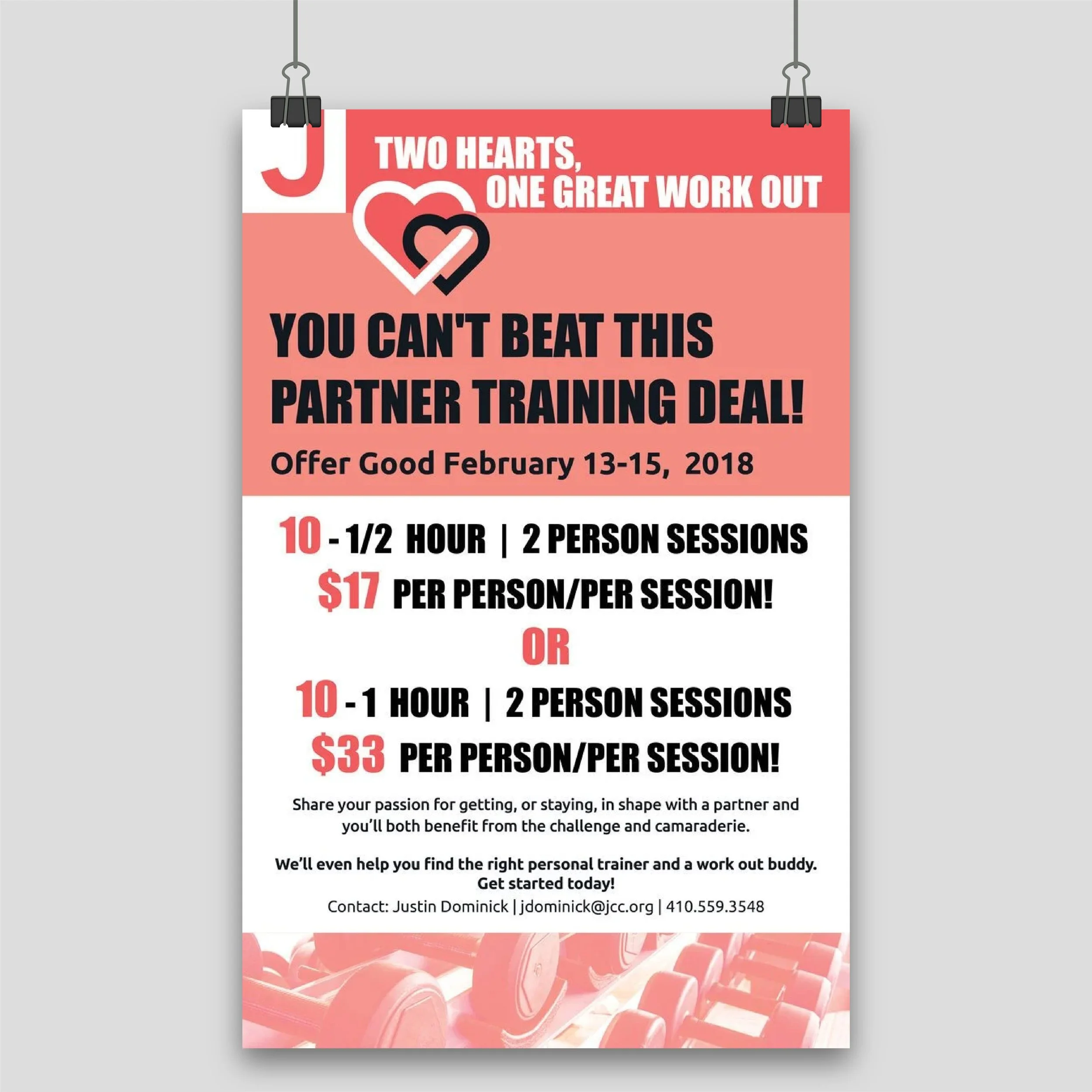 Poster promoting a partner training deal with heart graphics, offering two session options at discounted prices, including contact information at the bottom.