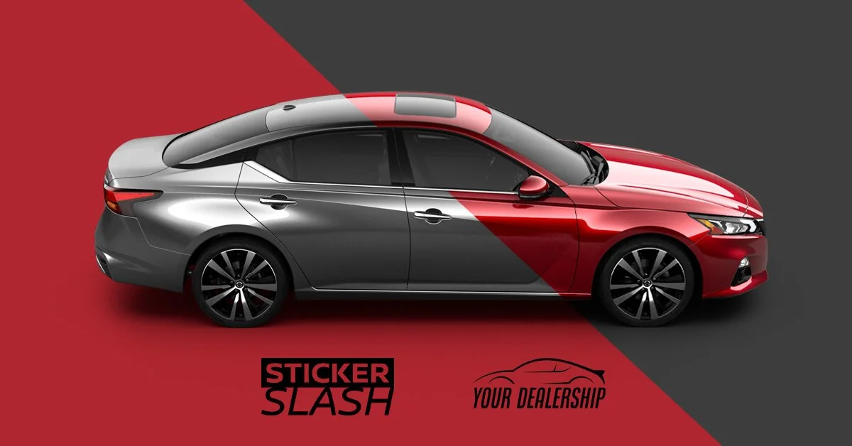 A two-tone red and silver sedan with stickers on the front and back, half on a red background and half on a black background, with branding for Sticker Slash and Your Dealership.