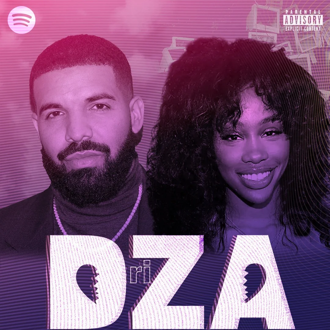 Pink and purple gradient album cover featuring a bearded man in a black turtleneck and necklace, and a smiling woman with curly hair, with large stylized letters 'DZA' in the foreground.