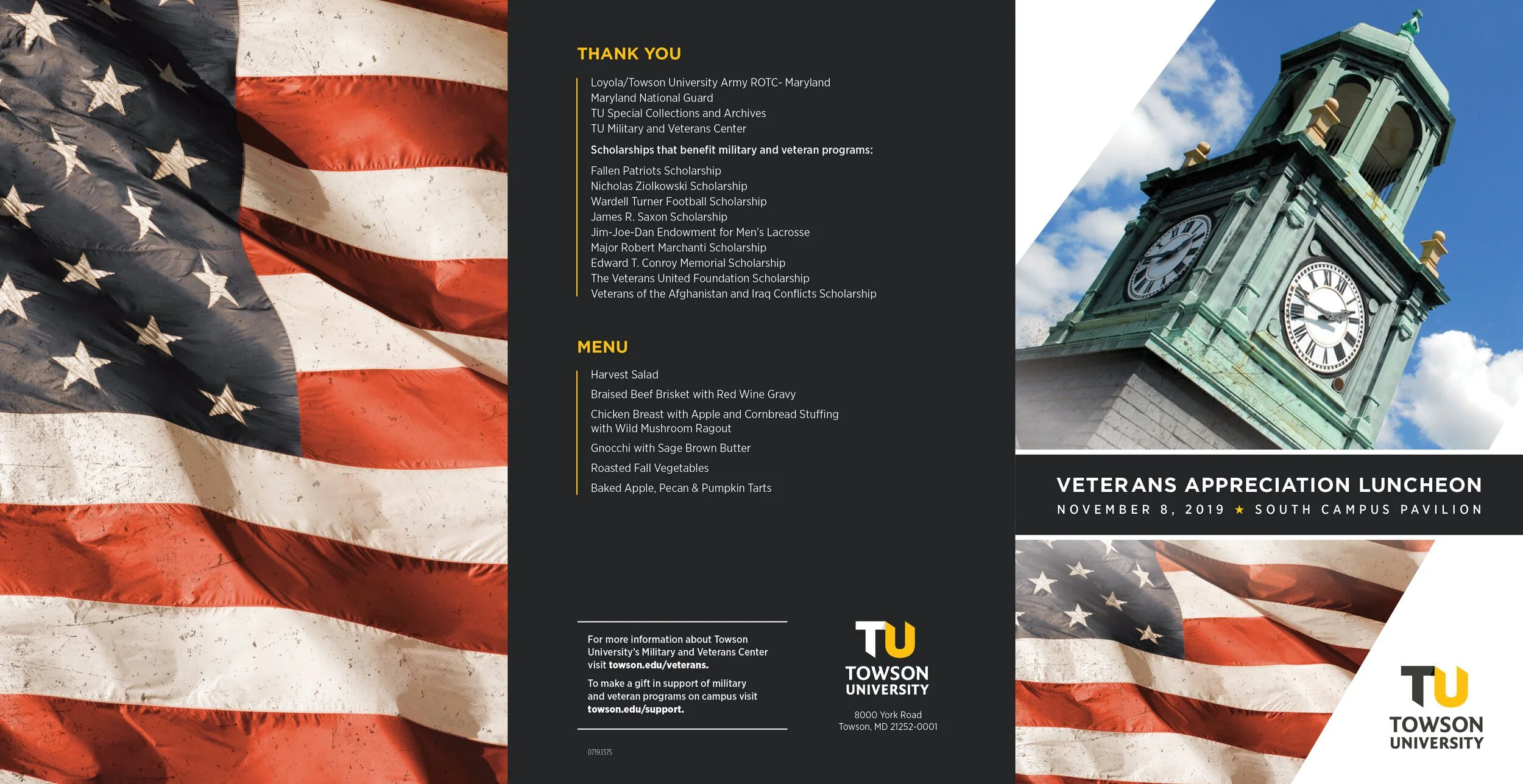 A flyer for Towson University's Veterans Appreciation Luncheon featuring an American flag and a clock tower.