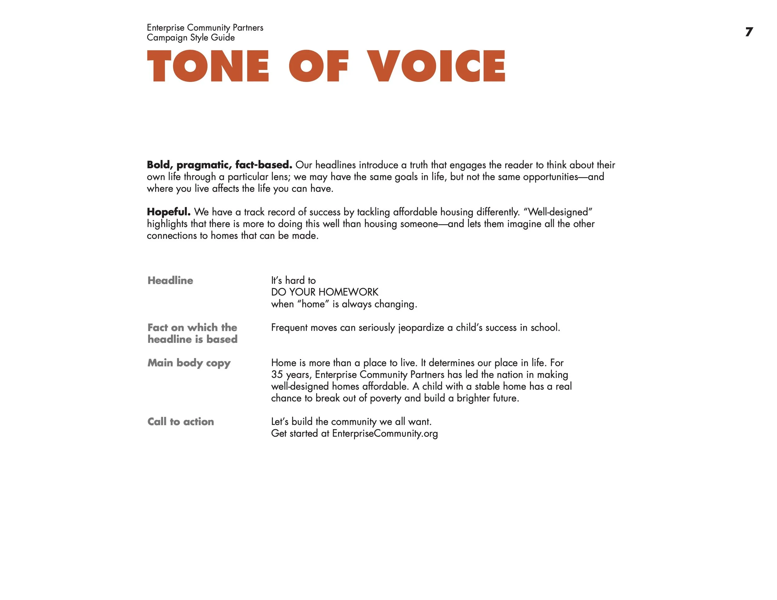 Page from a guide titled 'Tone of Voice' with sections on bold, pragmatic, fact-based headlines, hopeful tone, and examples of main body copy and calls to action about community building and affordable housing.