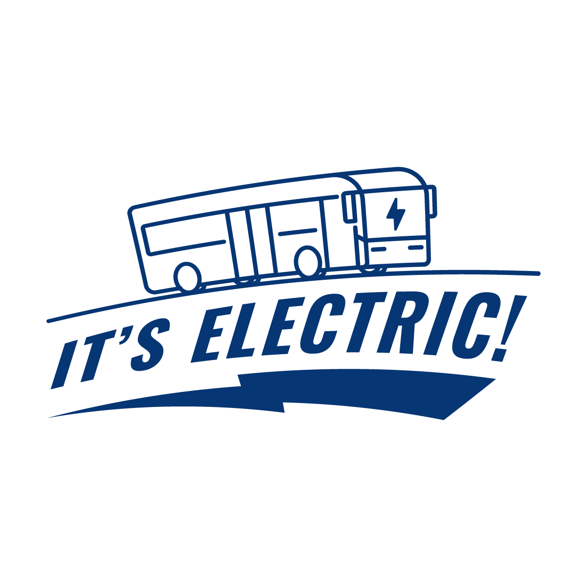 Illustration of an electric bus with a lightning bolt symbol, with the caption 'It's Electric!'