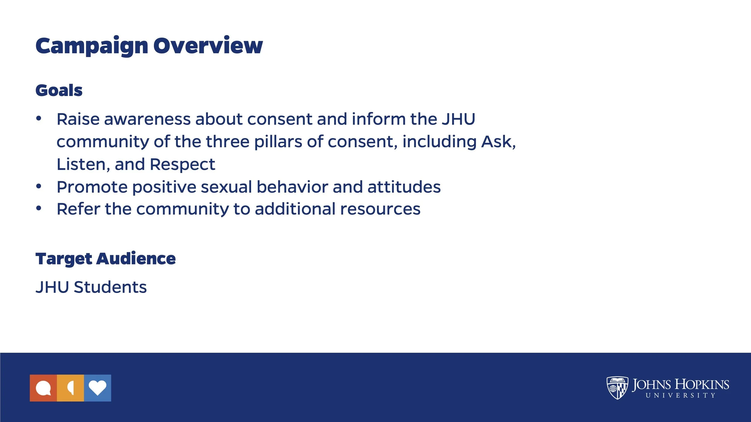 A presentation slide titled 'Campaign Overview' from Johns Hopkins University. The slide outlines campaign goals about raising awareness on consent and respect, promoting positive sexual behavior, and referring to resources. It targets JHU students.