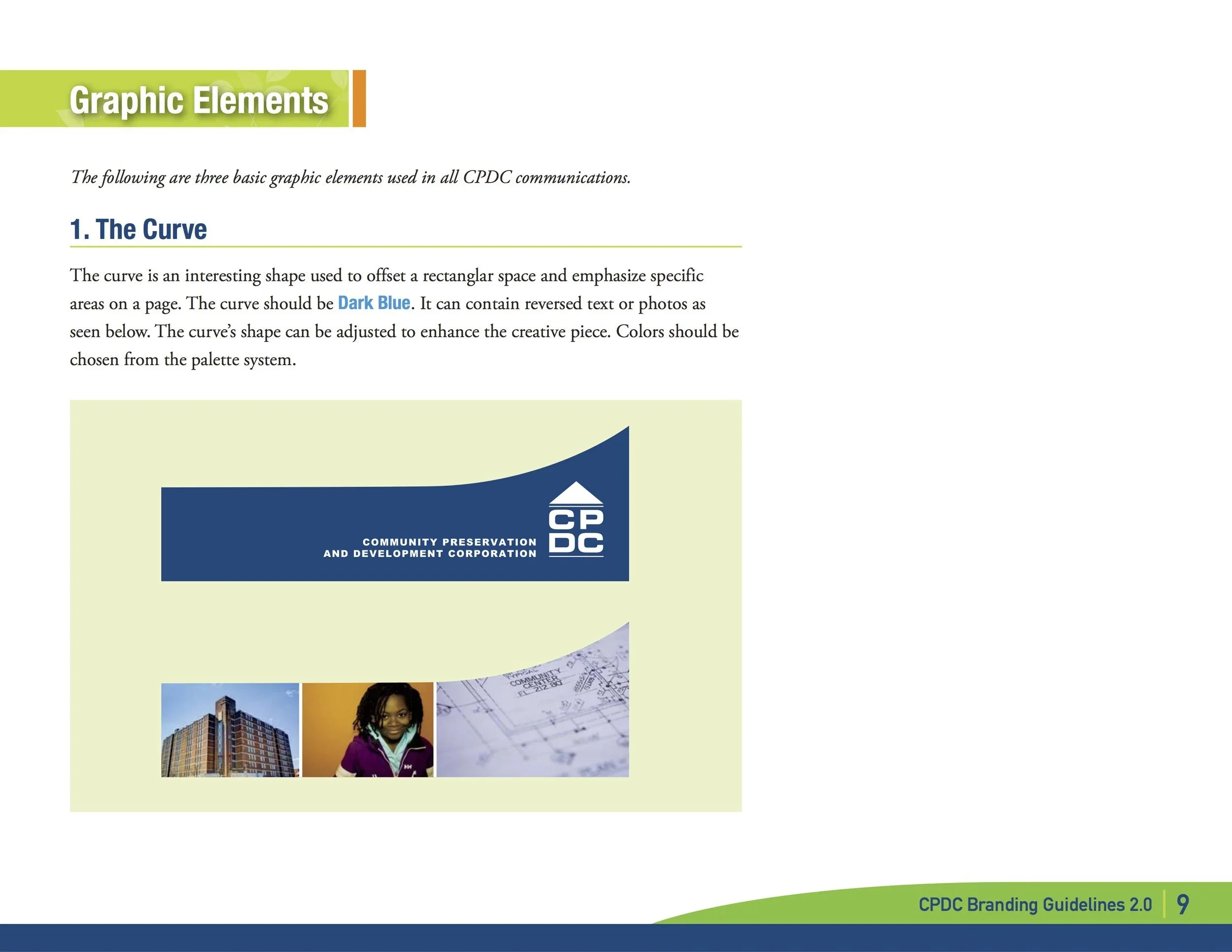 Page from a presentation slide on graphic elements, specifically the curve shape. The slide provides a description of the curve, its usage, and characteristics. The slide includes a graphic of a dark blue curve with the text 'Community Preservation a