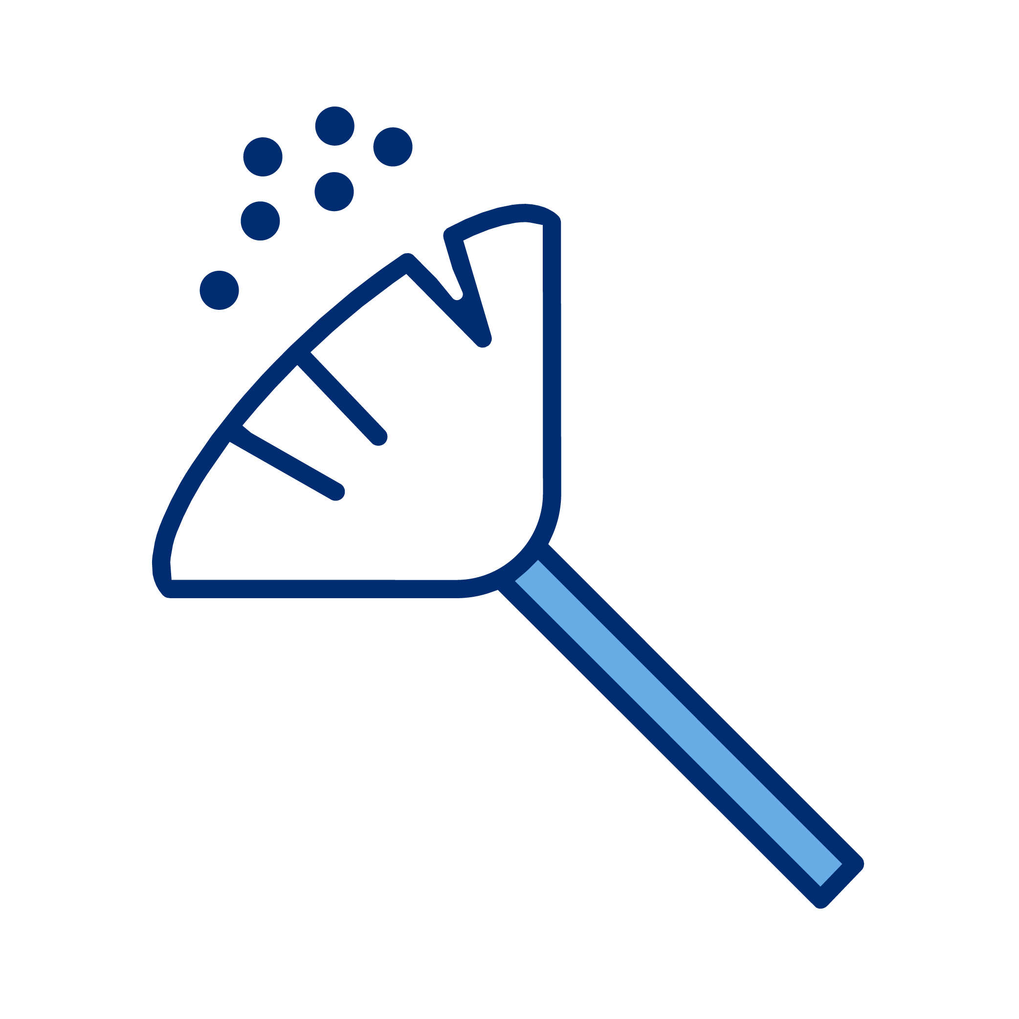 Line drawing of a broom sweeping dust particles.