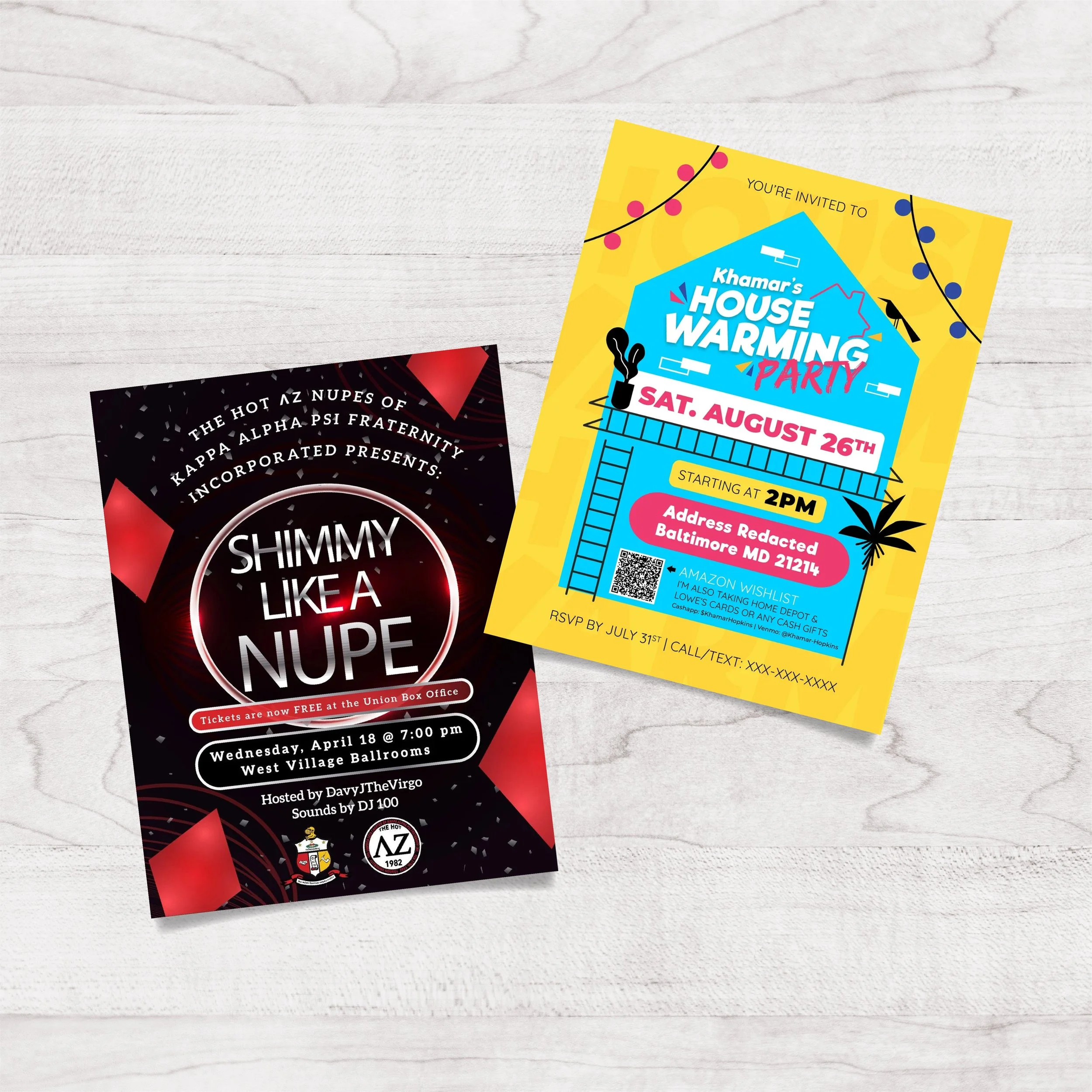 Two event flyers on a white wooden surface. One flyer is black and red for a party called 'Shimmy Like a NUPE,' hosted by DavyJTheVirgo, with details about date, time, and location. The other flyer is yellow and blue for a housewarming party, with de