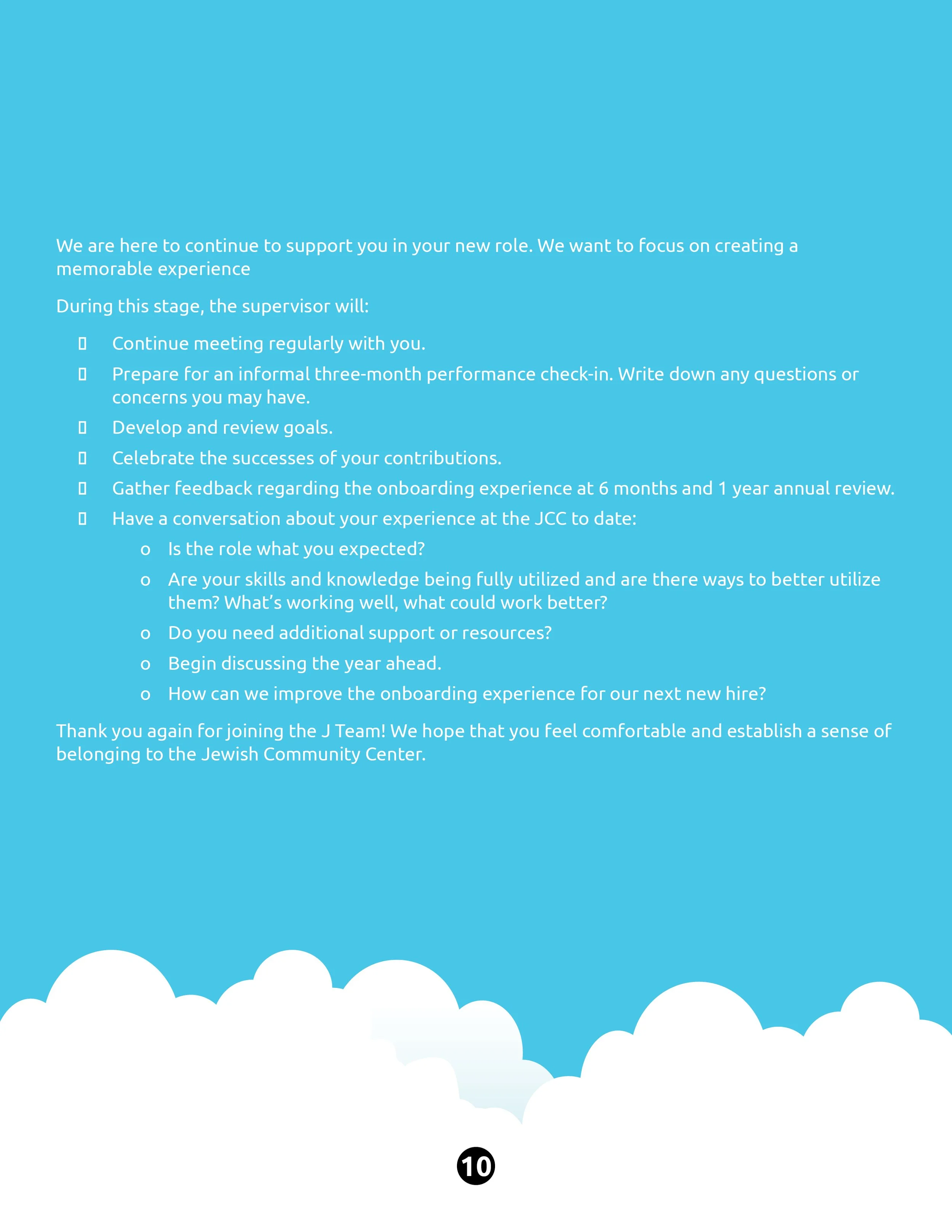 A page with a blue background and white clouds at the bottom, containing a block of text about support and feedback for a new role, with a page number 10 at the bottom center.