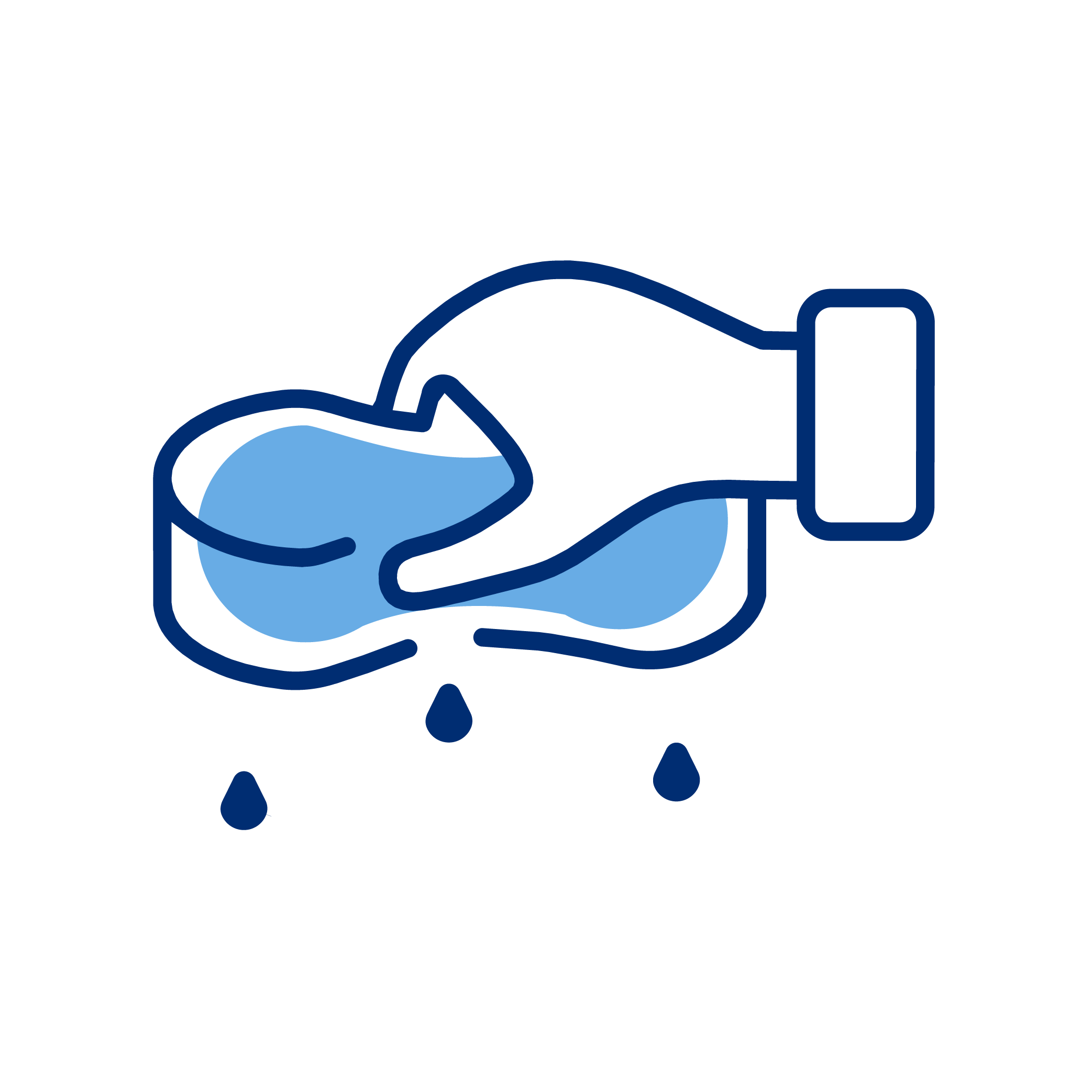 Illustration of a hand wearing a glove holding soap with water droplets falling from it, representing hand washing or sanitation.