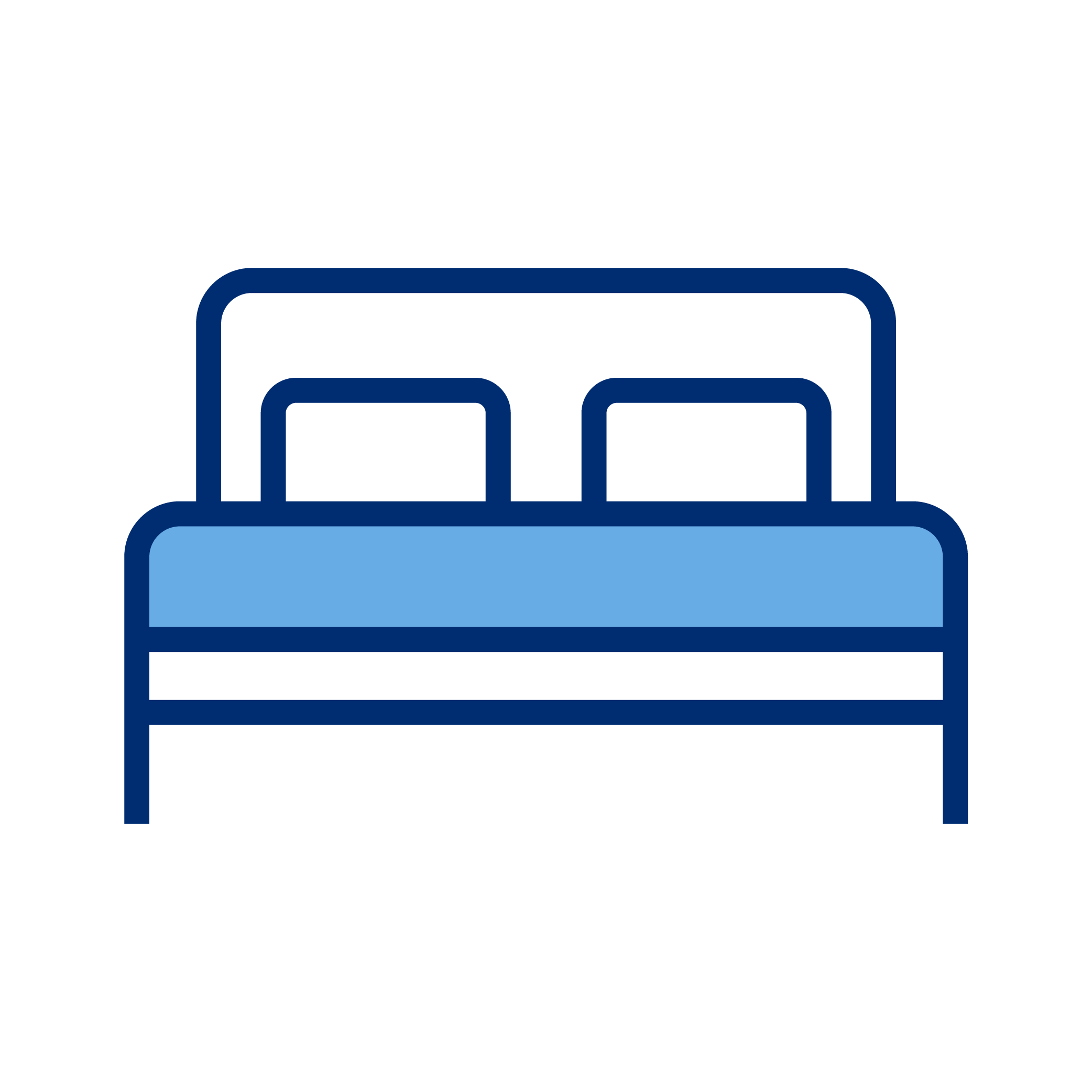 Icon of a bed with a headboard and mattress, representing a bedroom or sleeping area.