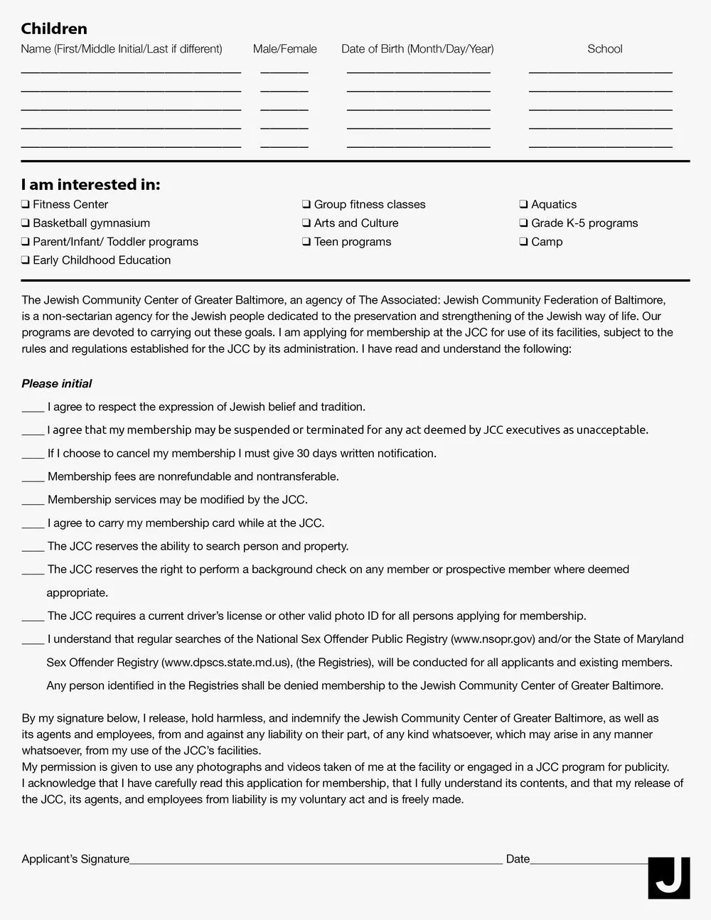 A membership application form for the Jewish Community Center of Greater Baltimore, including sections for children's information, interest options, and agreement statements.