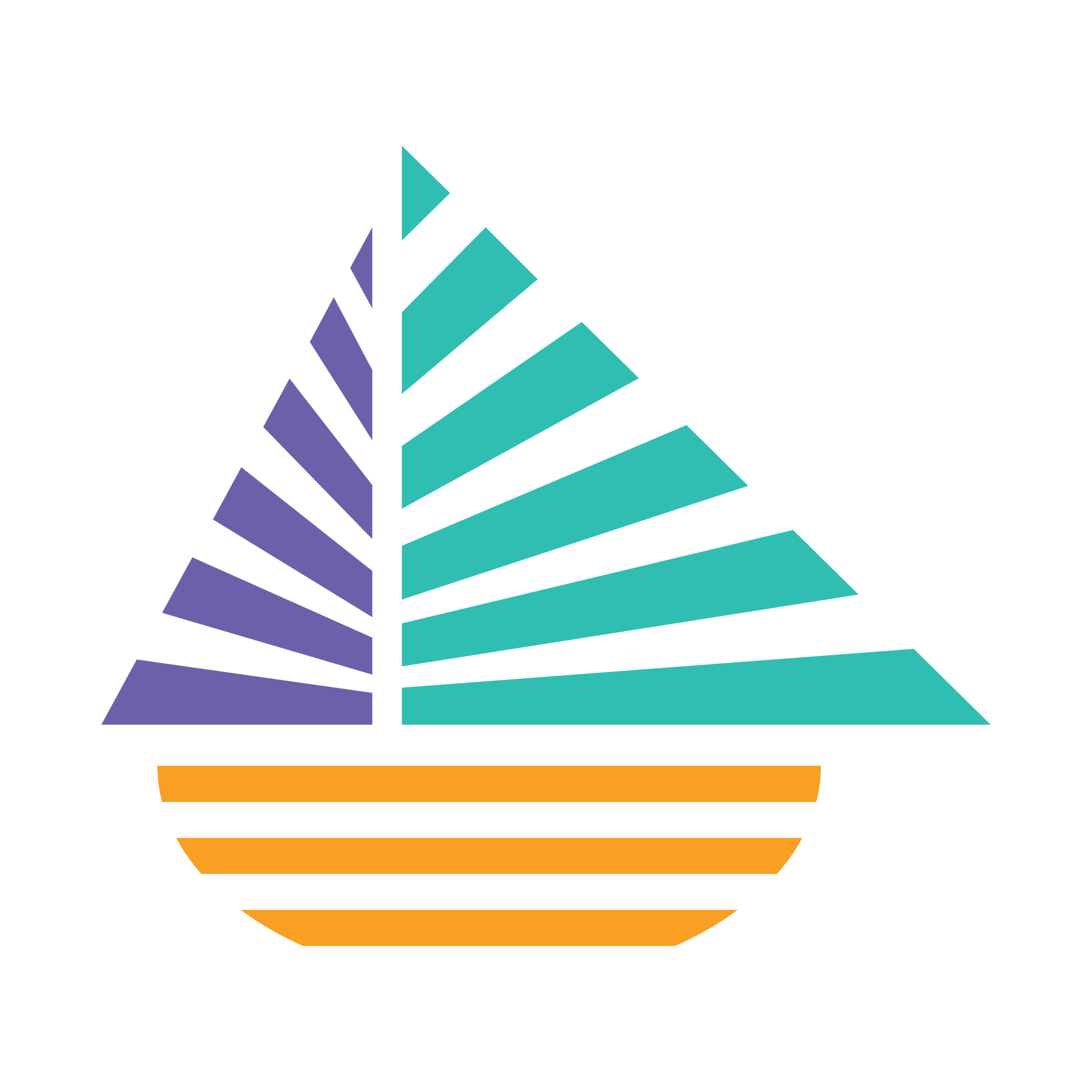 A stylized sailboat with striped blue, purple, and orange sails against a black background.