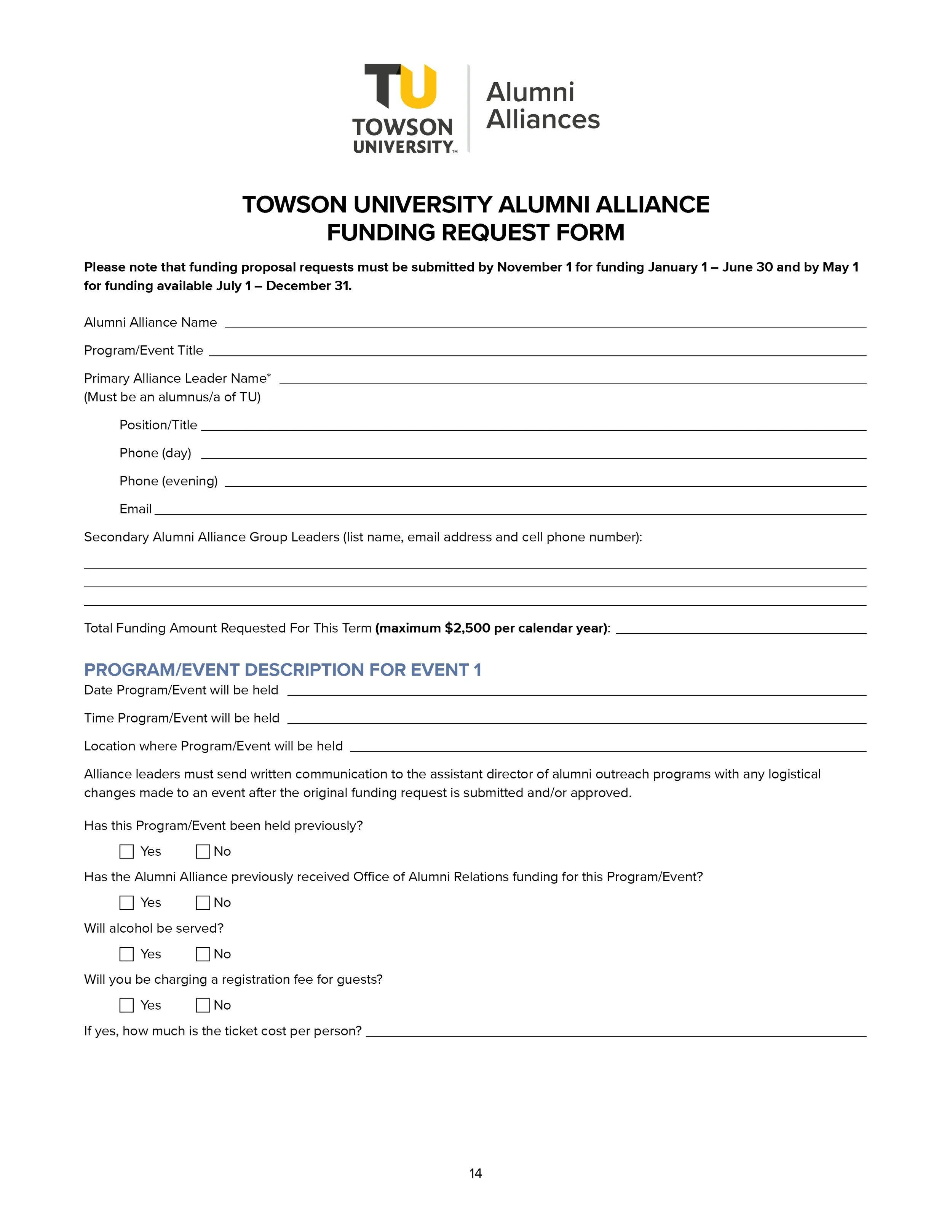 Towson University Alumni Alliance funding request form, including fields for alumni information, program details, and event description.