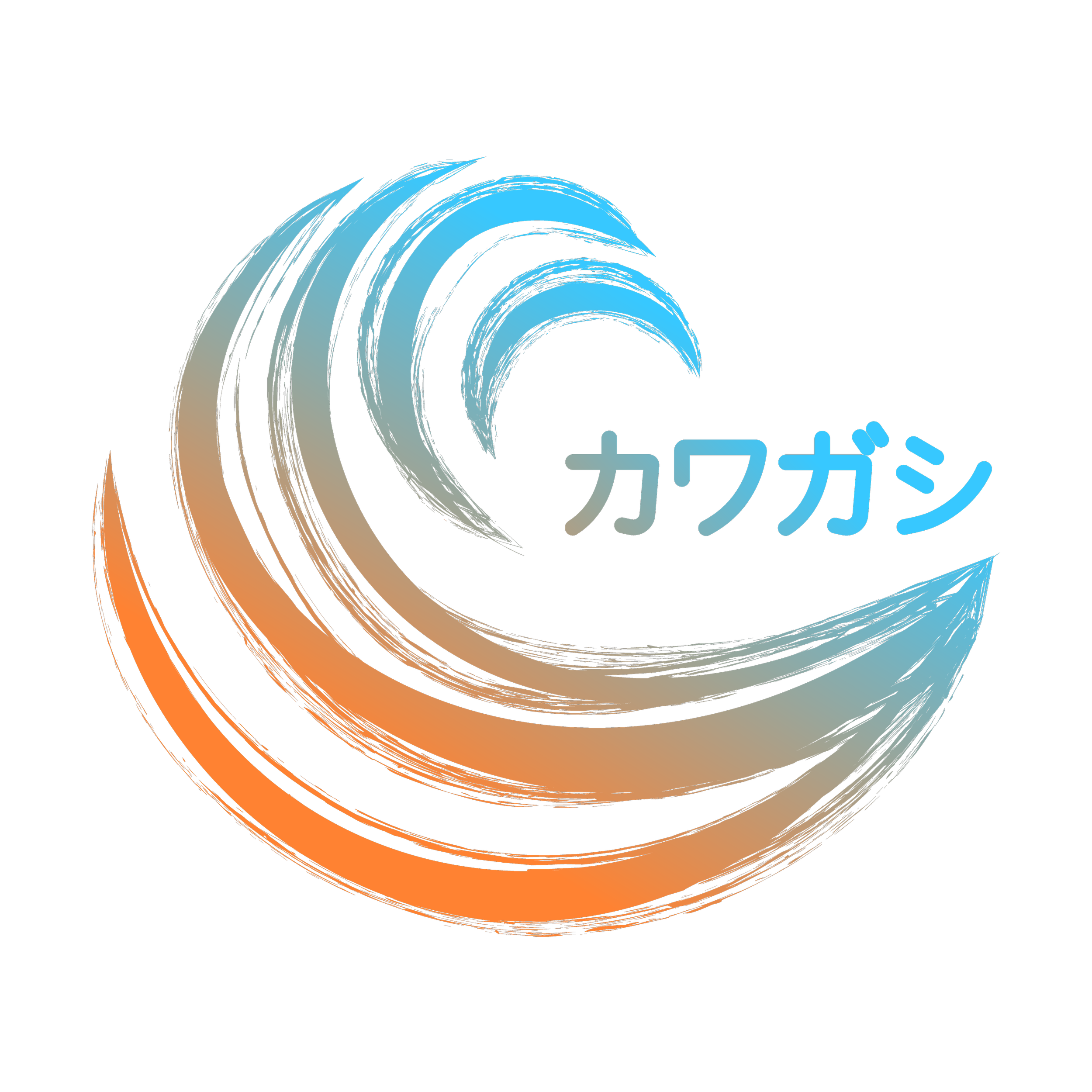 Stylized wave graphic with Japanese text automatically translated as 'Kawagami' along with English word 'Kawagami'.