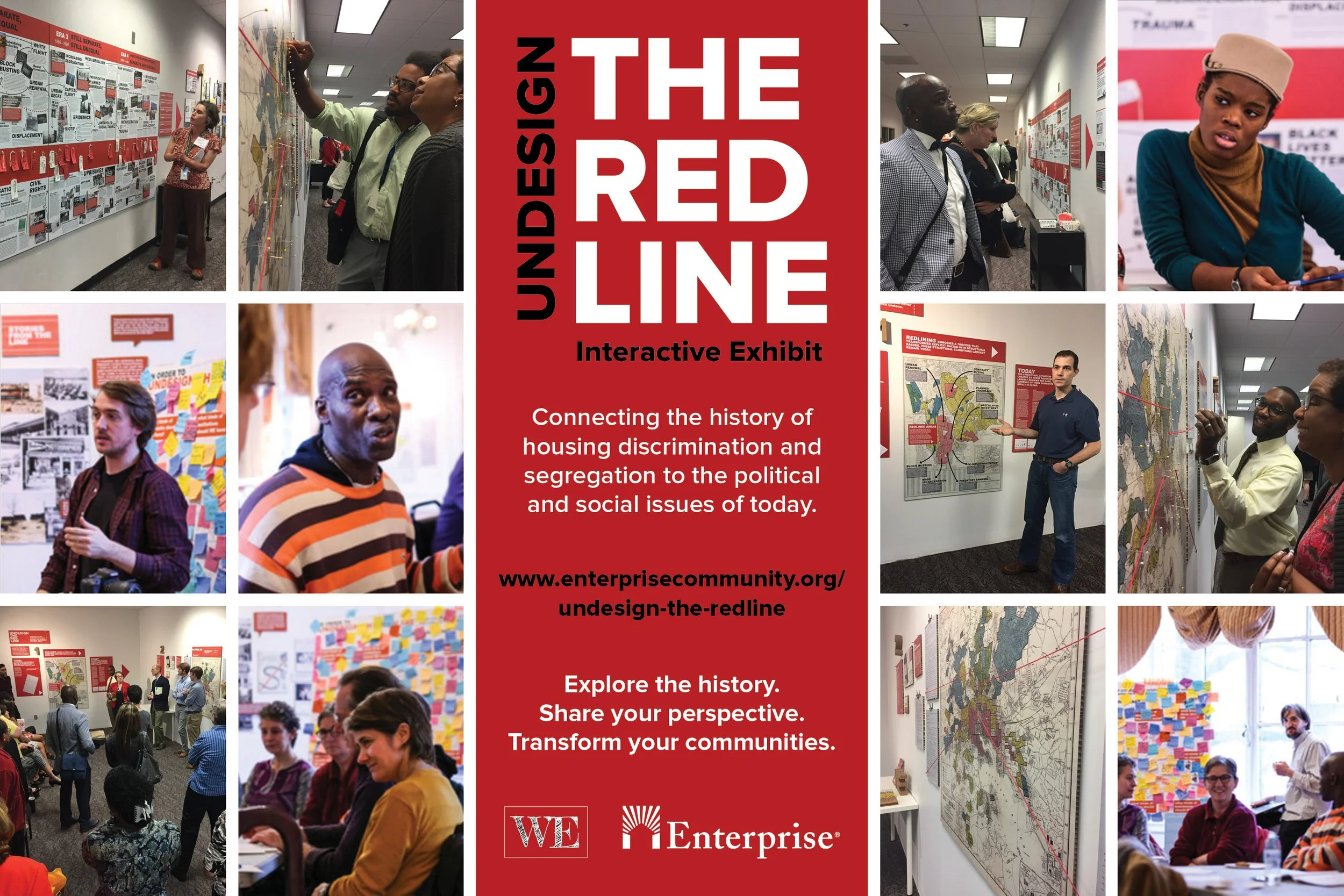 Collage of photos from an interactive exhibit titled "Undesign the Redline," showing diverse people engaging with maps, charts, and discussions about housing discrimination and segregation history.