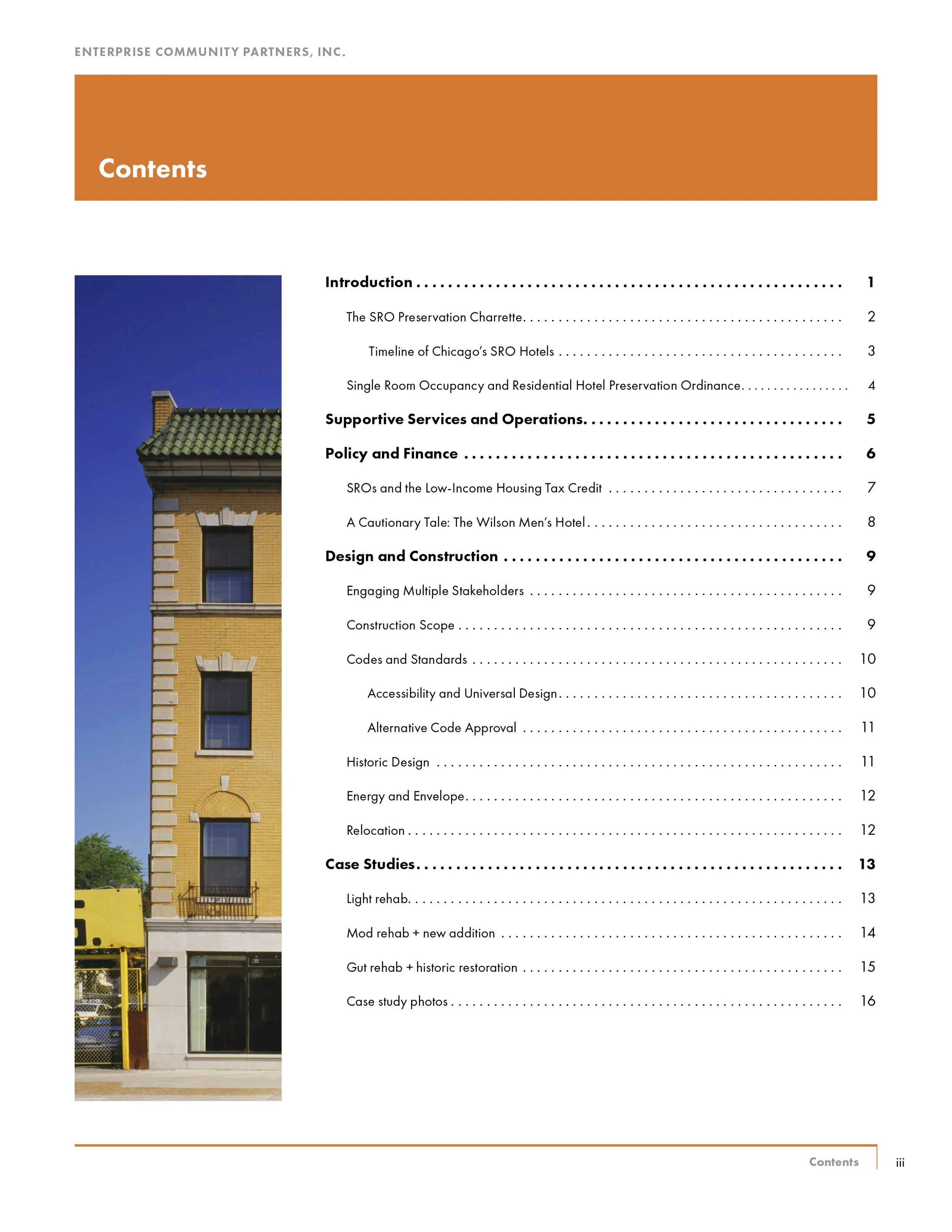 Table of contents page for a report about the SRO preservation Charrette, featuring a partial photo of a multi-story brick building with a green roof.