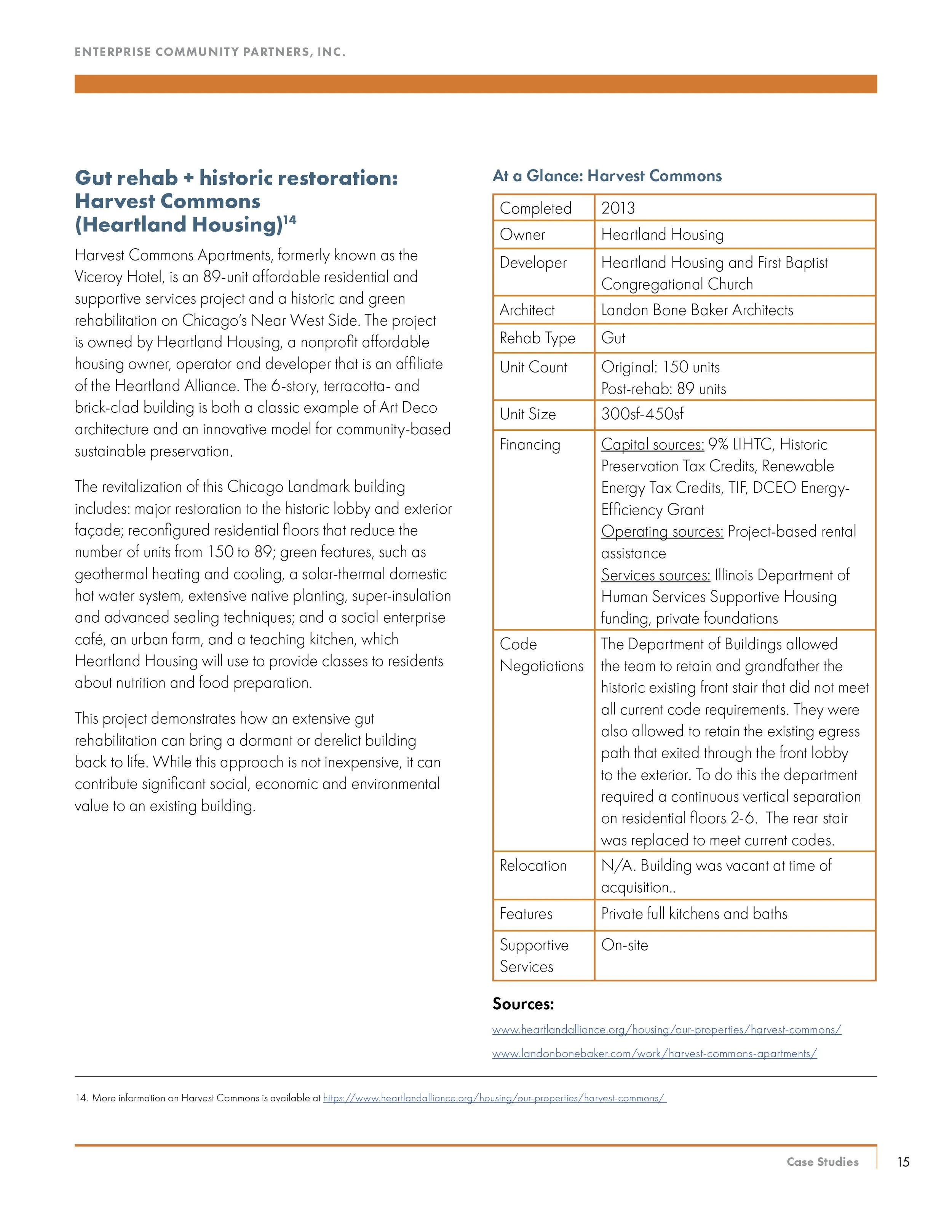 Page from a report about Gut rehabilitation and historic restoration at Harvest Commons Apartments, owned by Heartland Housing, including details about the project, features, financing, and code negotiations.