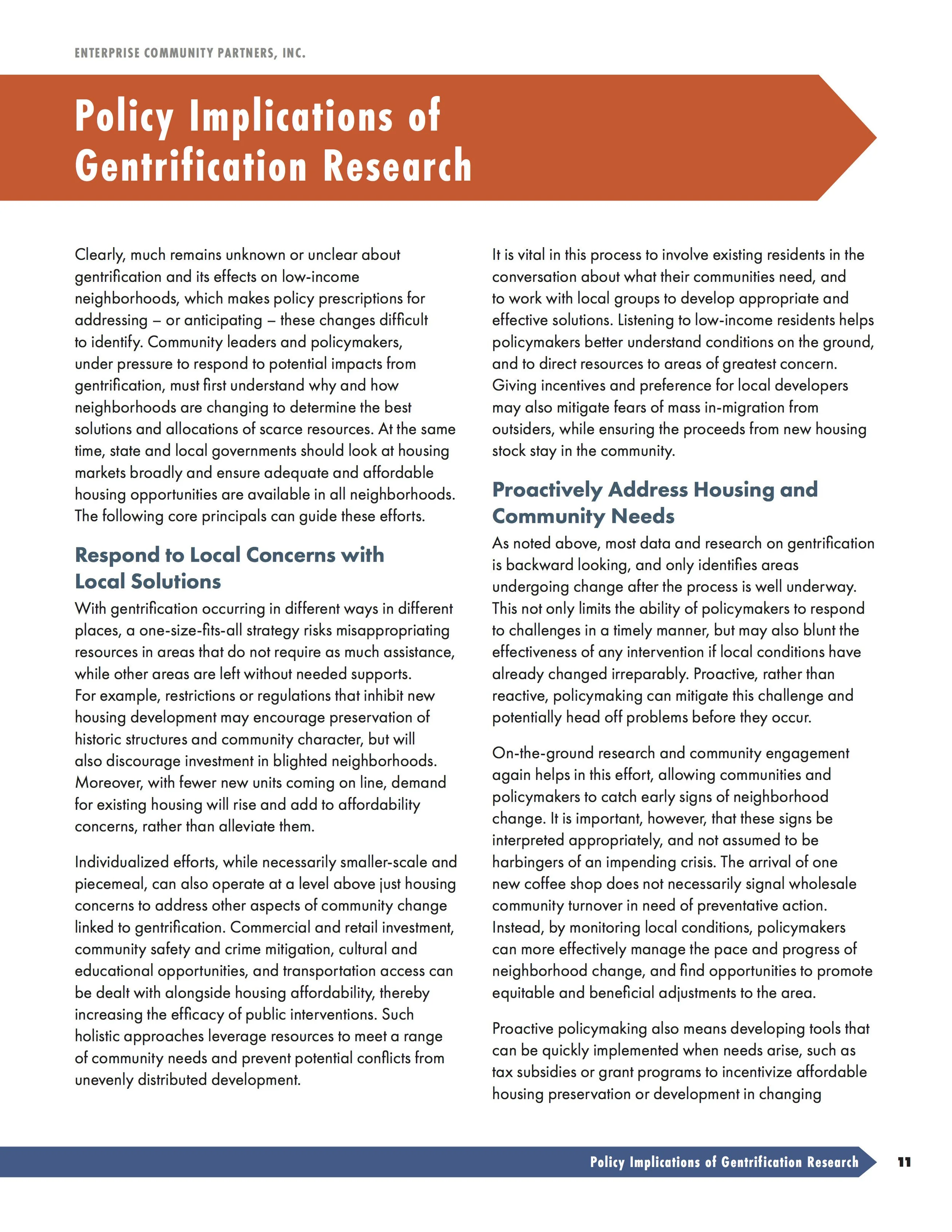 Page from a report titled 'Policy Implications of Gentrification Research,' discussing community engagement, local solutions, and proactive policy-making to address gentrification effects.