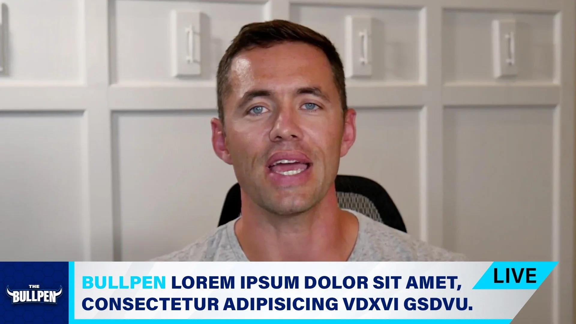 A man is speaking during a live broadcast of a show called 'The Bullpen,' with a news ticker at the bottom displaying placeholder text.