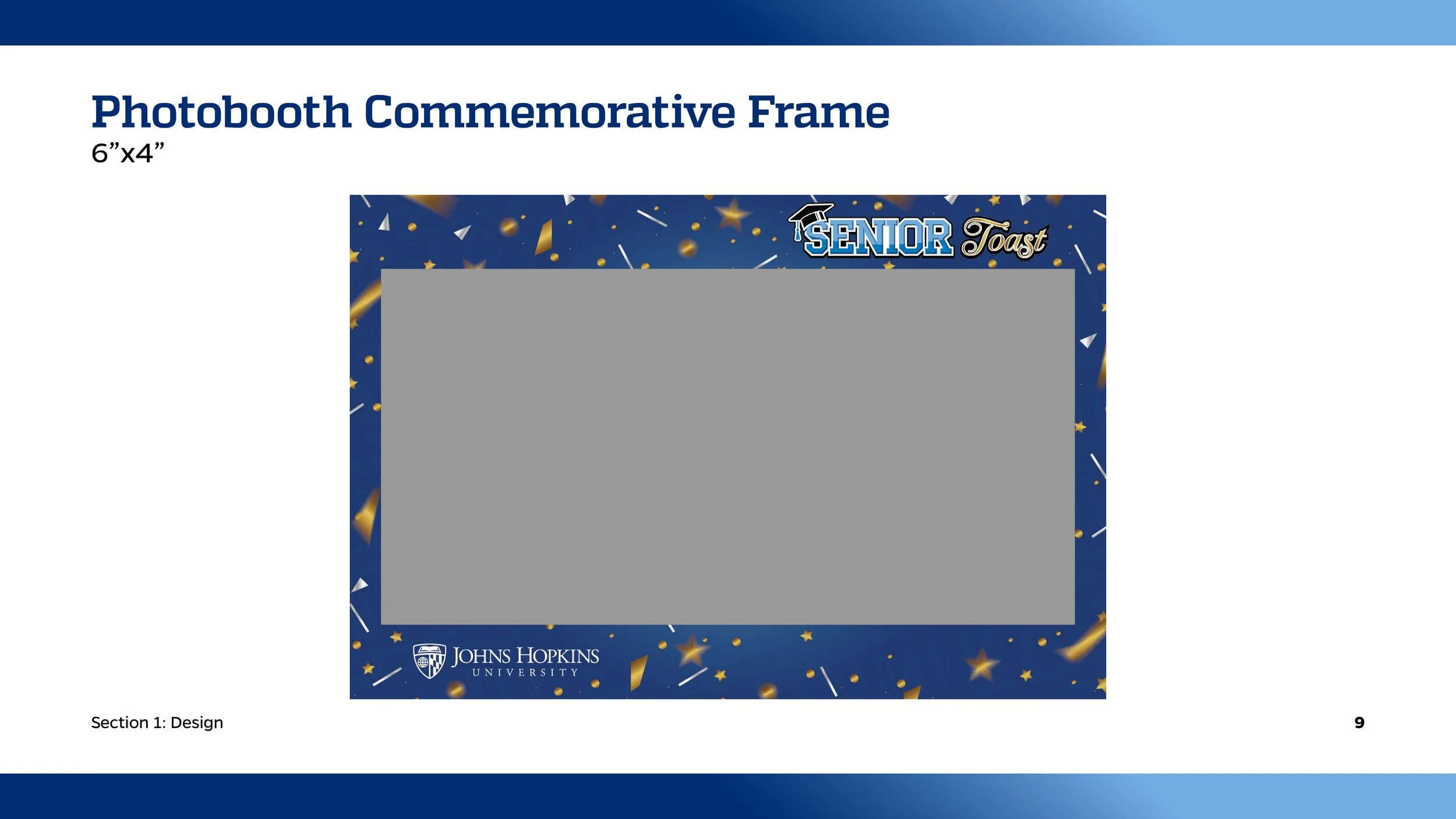 Sample photo booth commemorative frame with blue background, gold and white confetti, and the text 'Senior Toast' at the top right corner. The bottom left corner features the Johns Hopkins University logo.