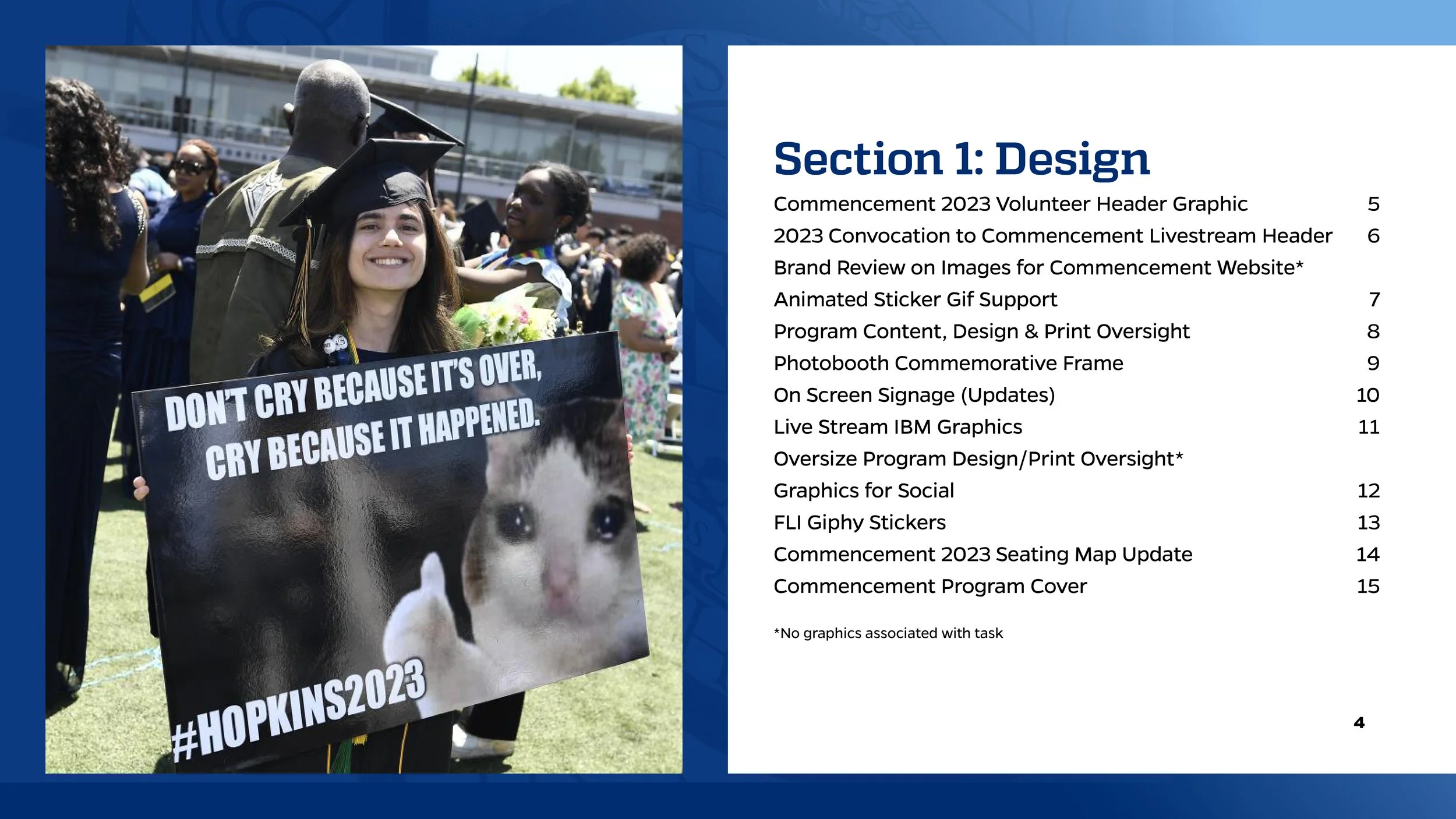 A young woman in graduation attire smiling and holding a sign with a kitten's face that says, 'Don’t cry because it’s over, cry because it happened. #HOPKINS2023' at an outdoor graduation ceremony.
