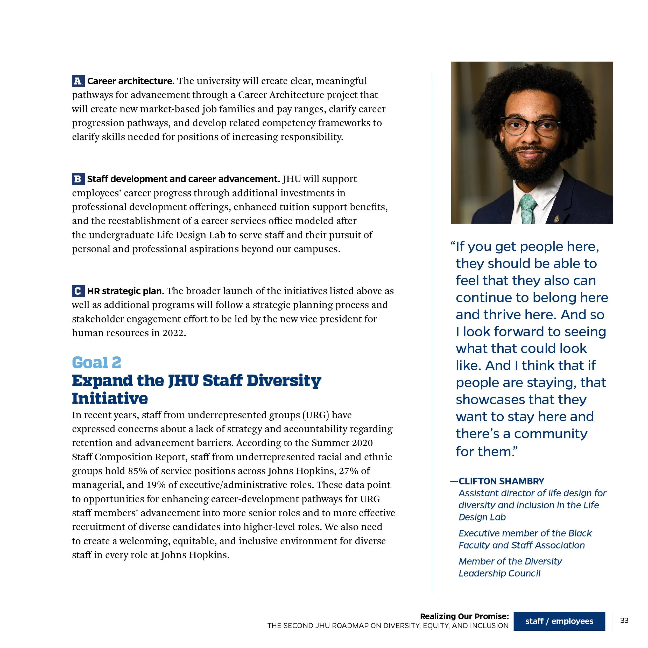 Page from a document containing text about JHU staff initiatives, a portrait of a man with glasses and curly hair, and a quote about belonging and community from Clifton Shambry.