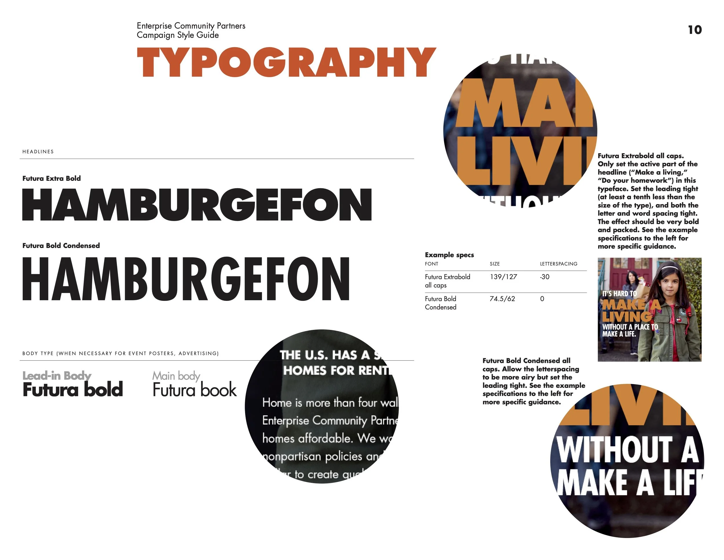 Page from a typography style guide showing font examples for 'Hamburgefon' in bold and condensed styles, with explanatory text and graphic elements.