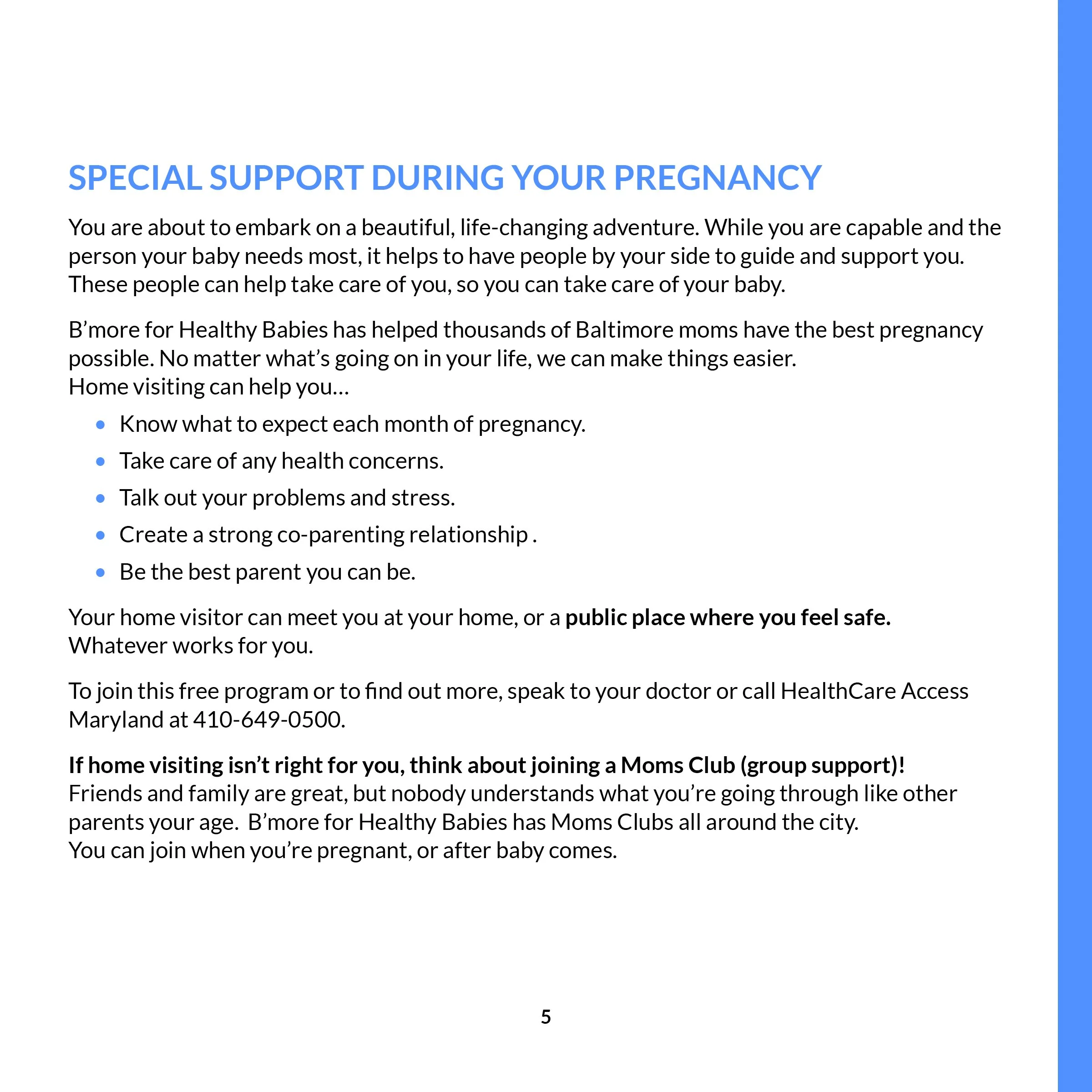 A informational flyer titled 'Special Support During Your Pregnancy' with bullet points about pregnancy, home visits, and group support options.
