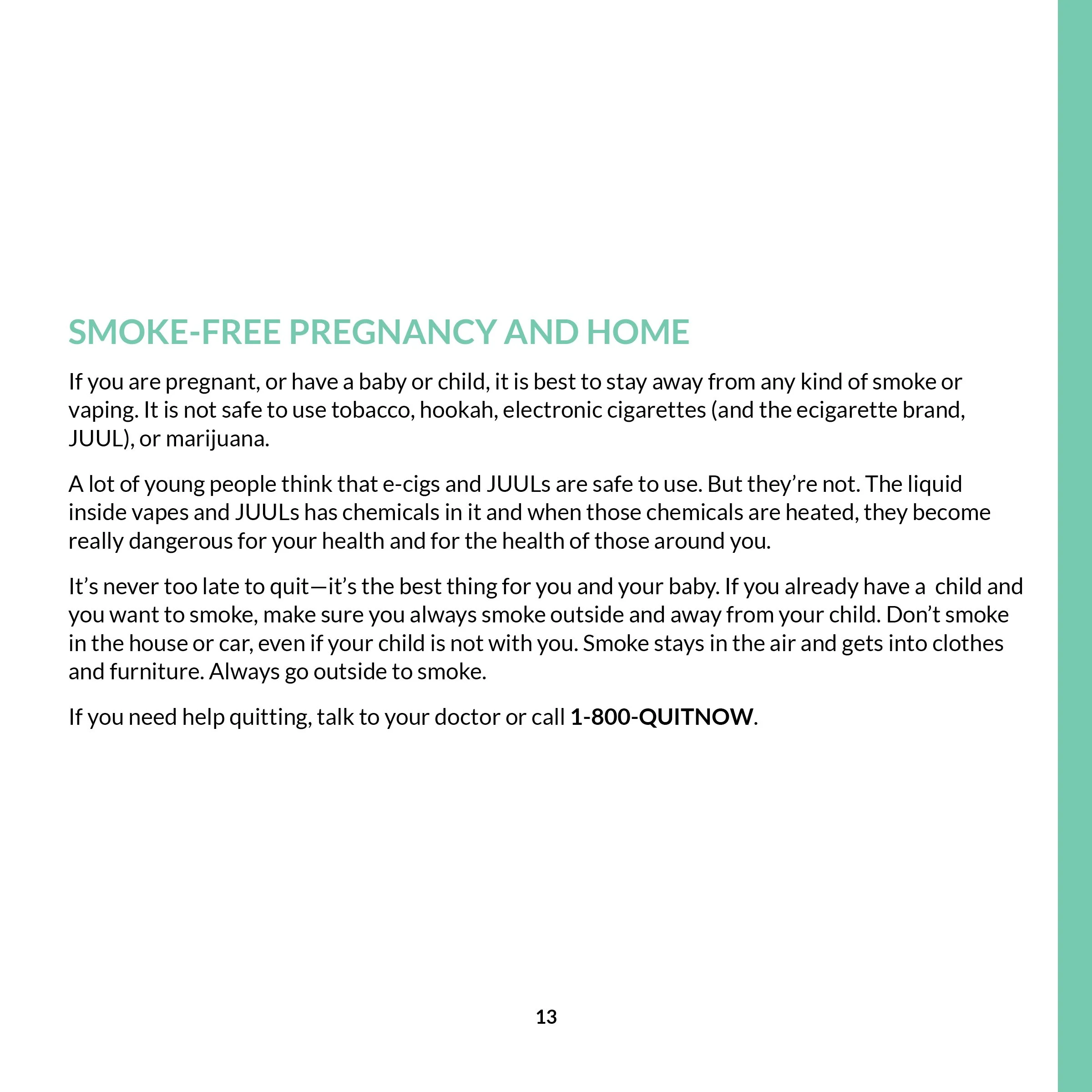 Page 13 from a health pamphlet discussing the importance of staying smoke-free during pregnancy and at home.