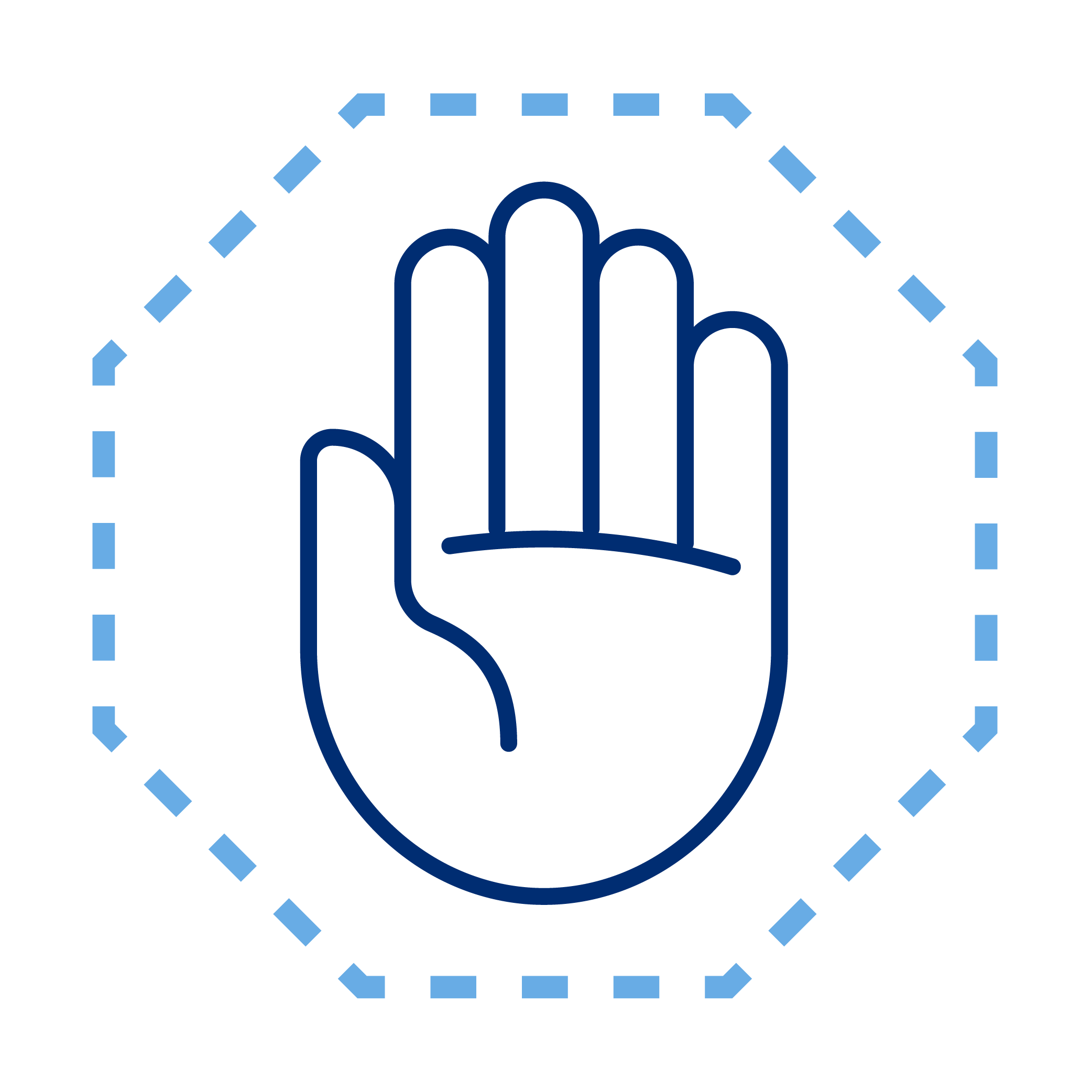 A blue outline of a hand with the palm facing forward, surrounded by a dashed circular border.