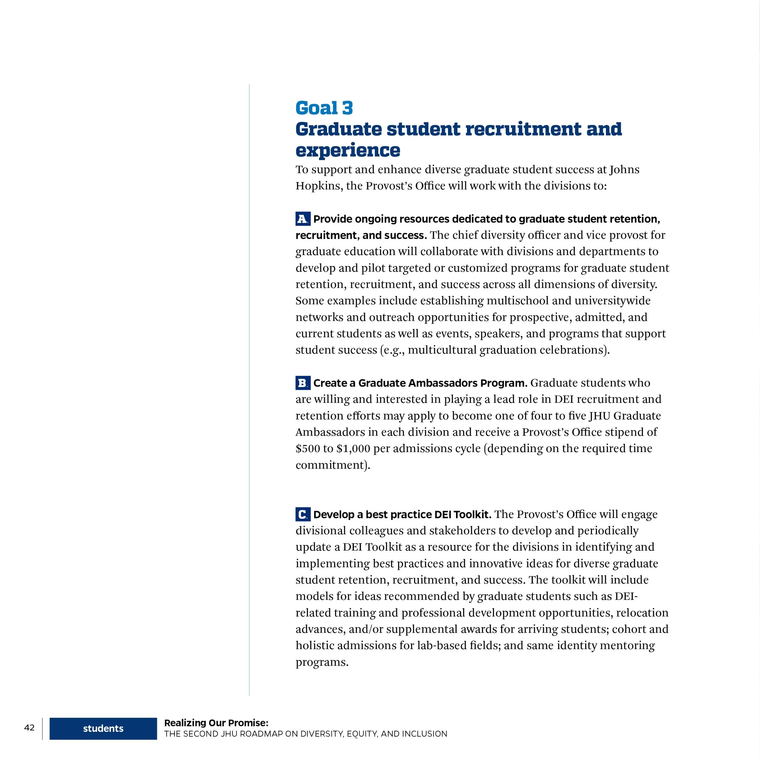 Page from a document outlining goals for graduate student recruitment and experience at Johns Hopkins, including sections on resource allocation, ambassador programs, and best practices for diversity, equity, and inclusion.