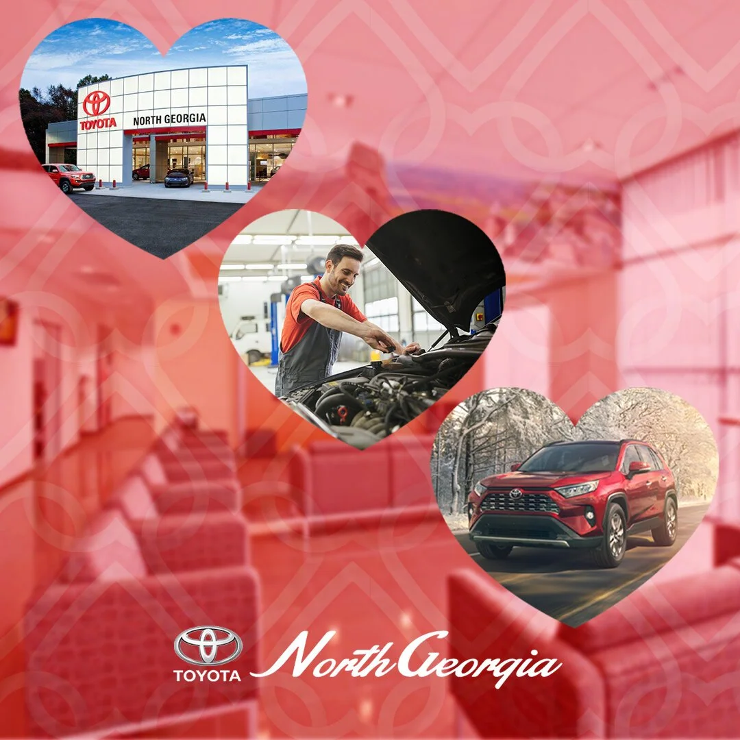 A collage featuring the Toyota North Georgia dealership building, a smiling mechanic working on a car engine, and a red Toyota SUV on a scenic road with trees. The background has a pinkish overlay with overlapping heart shapes and the Toyota North Ge