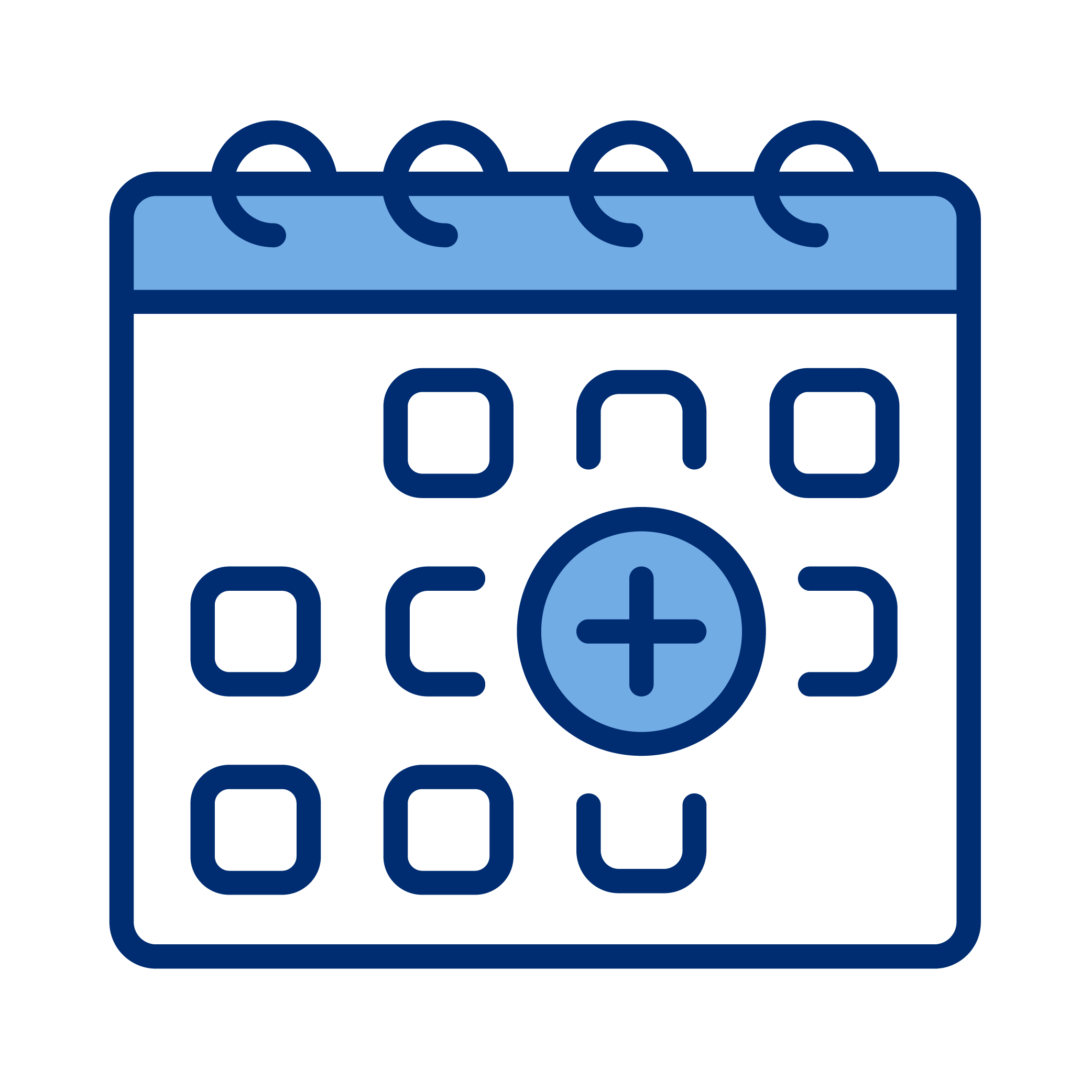 Icon of a calendar with a plus sign in the center.