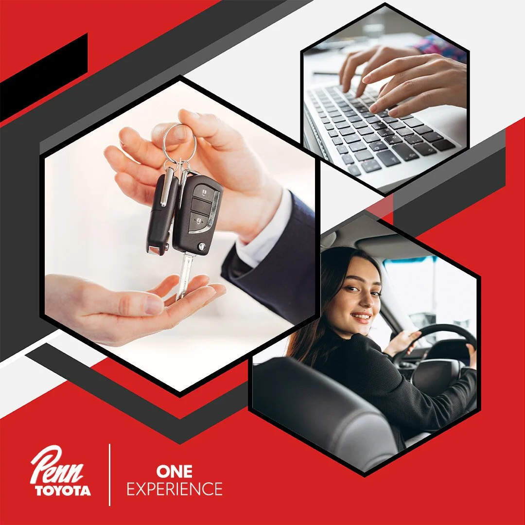 A collage of three images: one showing a person handing over car keys with a key fob, another of a woman smiling and driving a car, and a third of hands typing on a laptop. The background has red, black, and gray geometric shapes with the Penn Toyota logo and the text "One Experience."