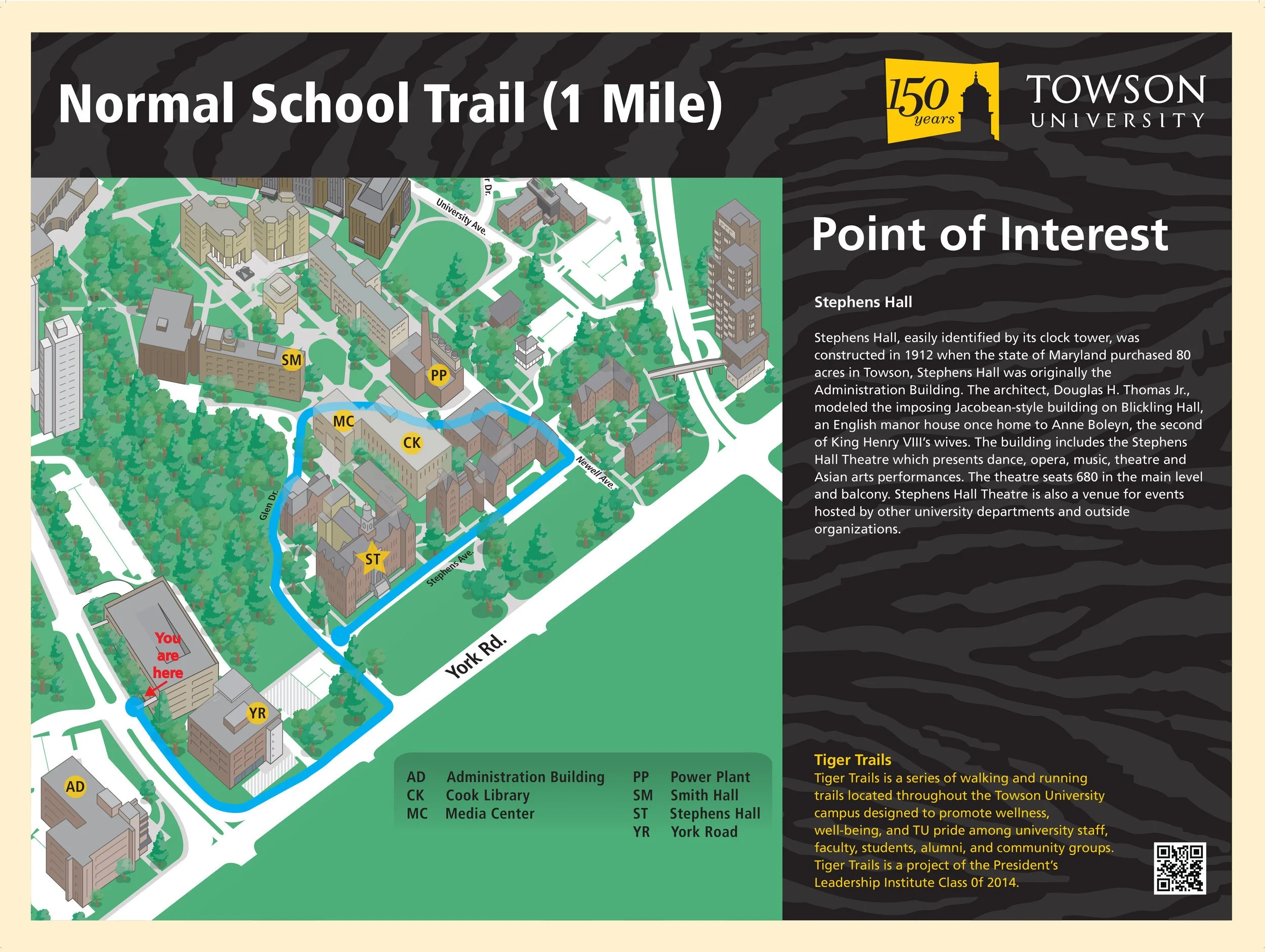 Map of Towson University campus showing the location of Stephens Hall and surrounding buildings. The map highlights walking trails in blue, with labels for key buildings such as the Administration Building, Cook Library, Media Center, Power Plant, Sm