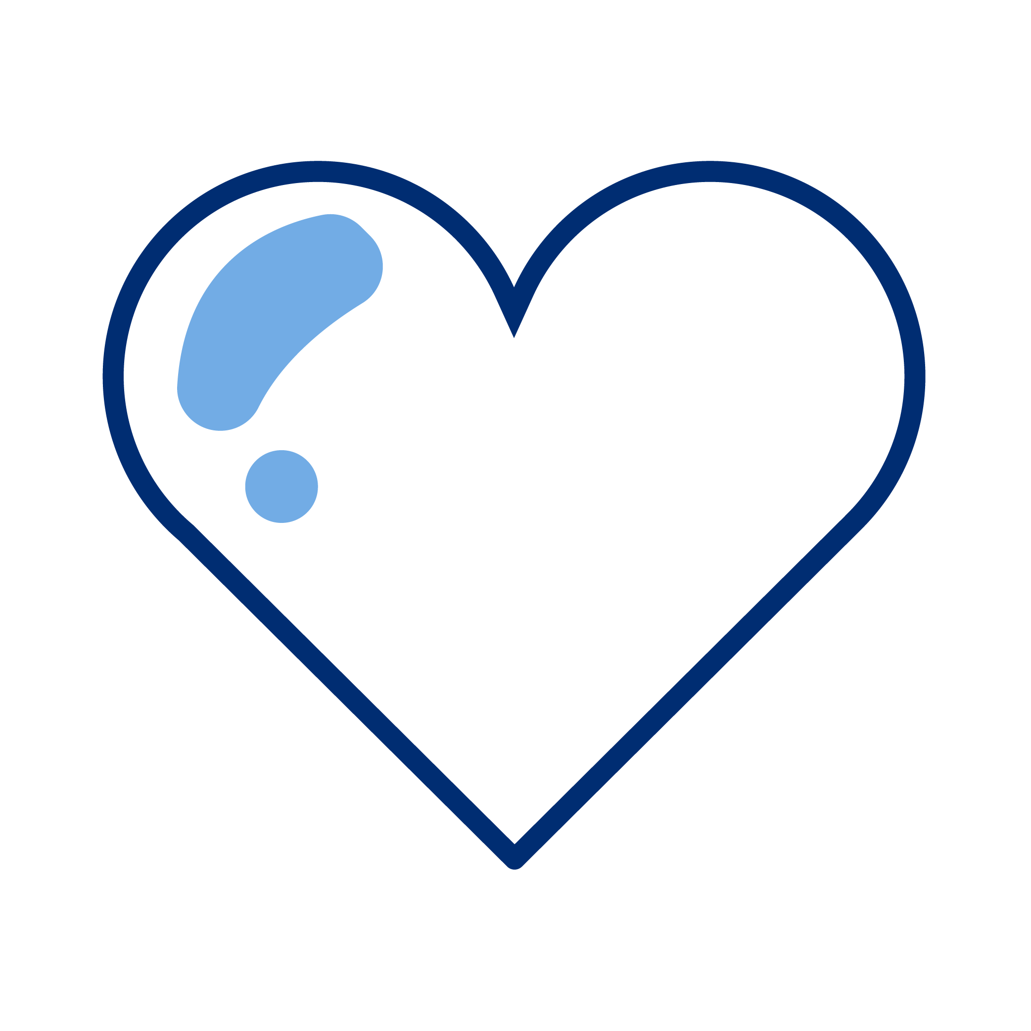 A black outline heart with blue water droplet details inside.