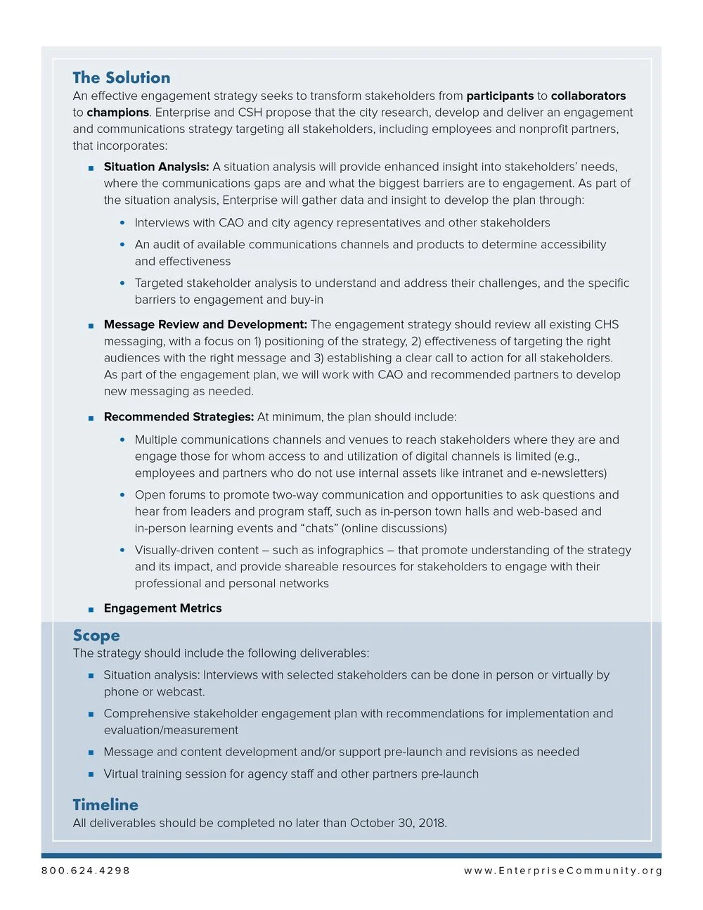 A detailed document discussing a strategic approach to stakeholder engagement, including sections on situation analysis, message review and development, recommended strategies, scope, and timeline.