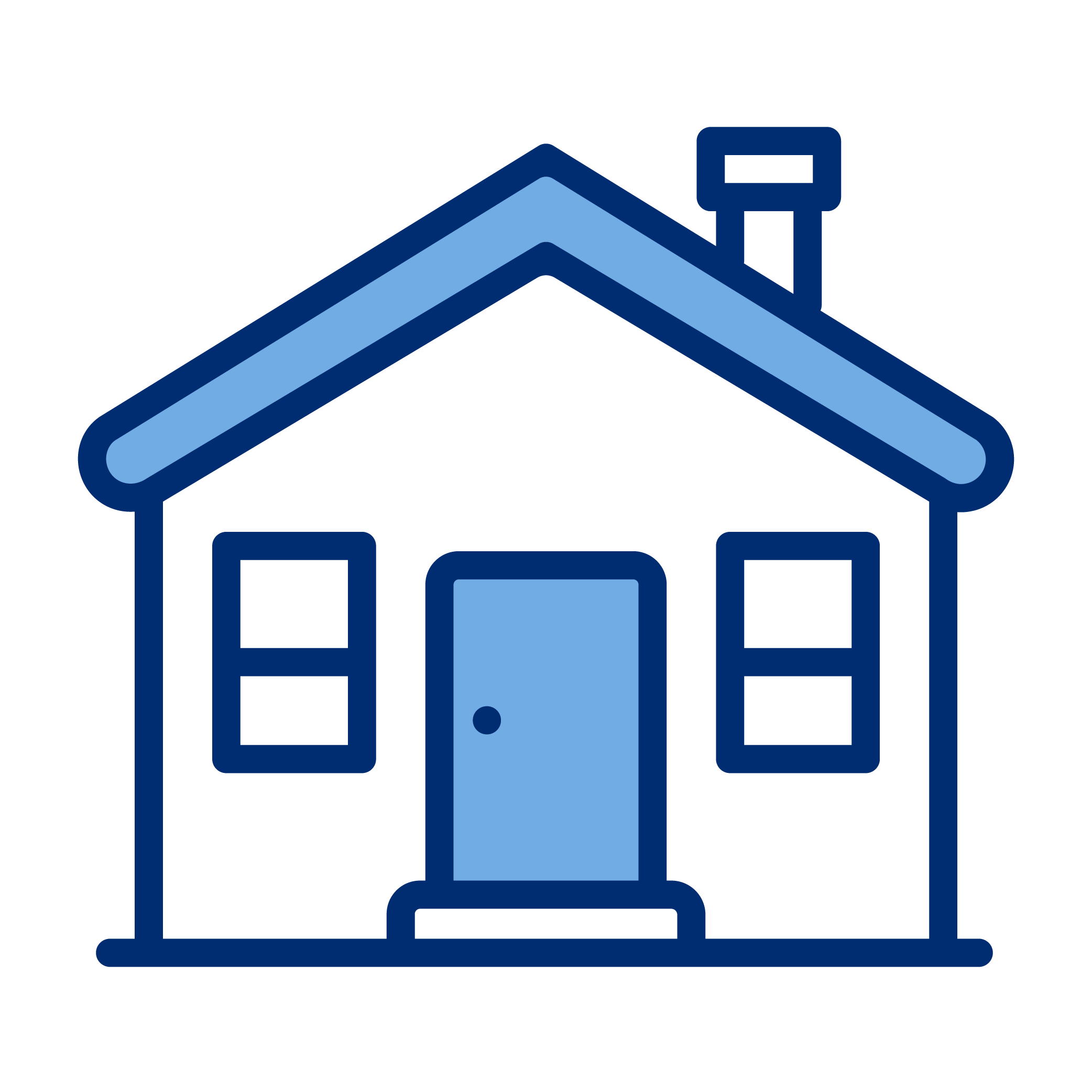 Outline drawing of a house with a sloped roof, chimney, front door, and two windows in blue.