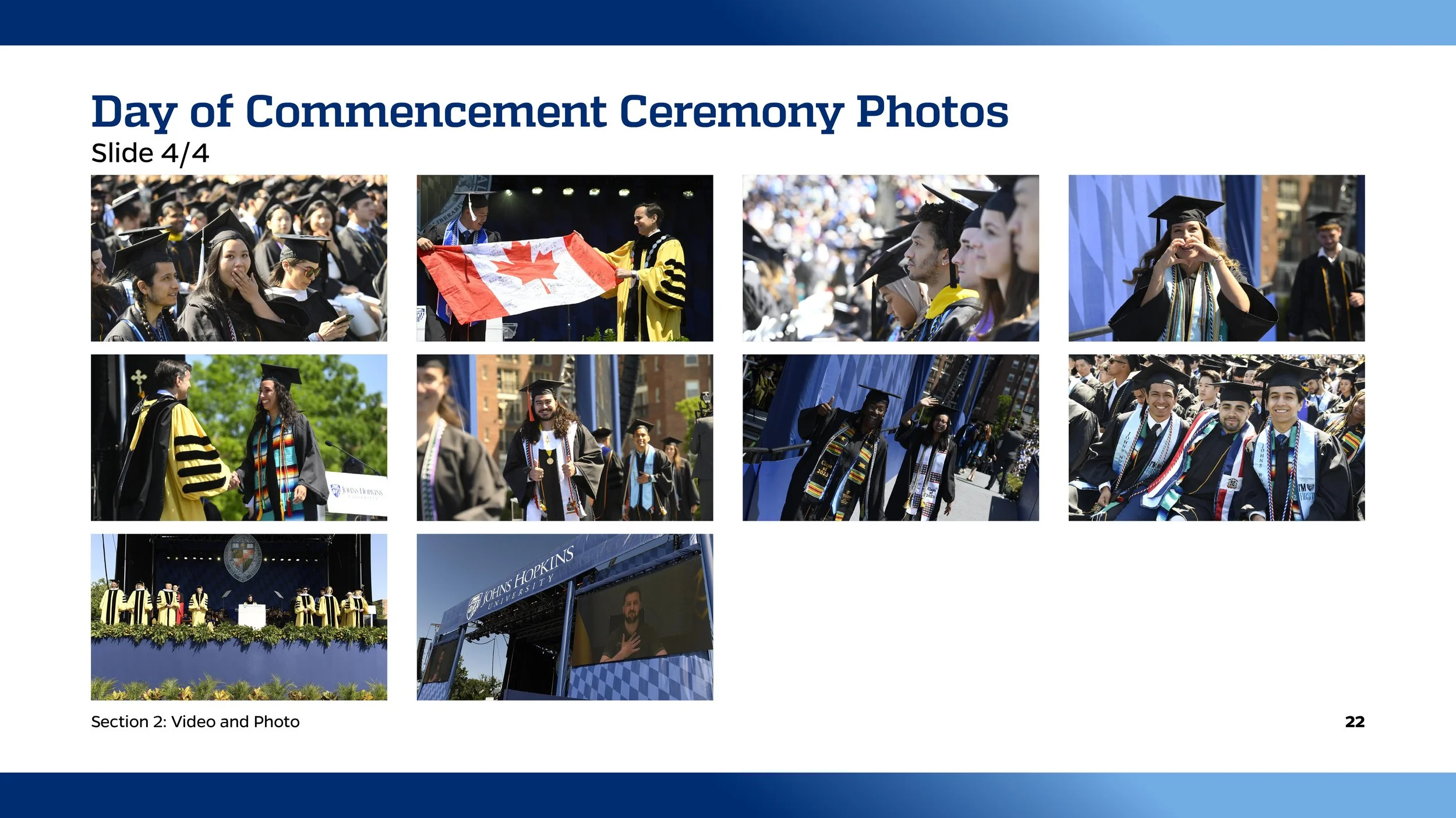 A collage of photos from a graduation ceremony at Johns Hopkins University, including students in caps and gowns, a flag presentation, and a stage with faculty in academic regalia.