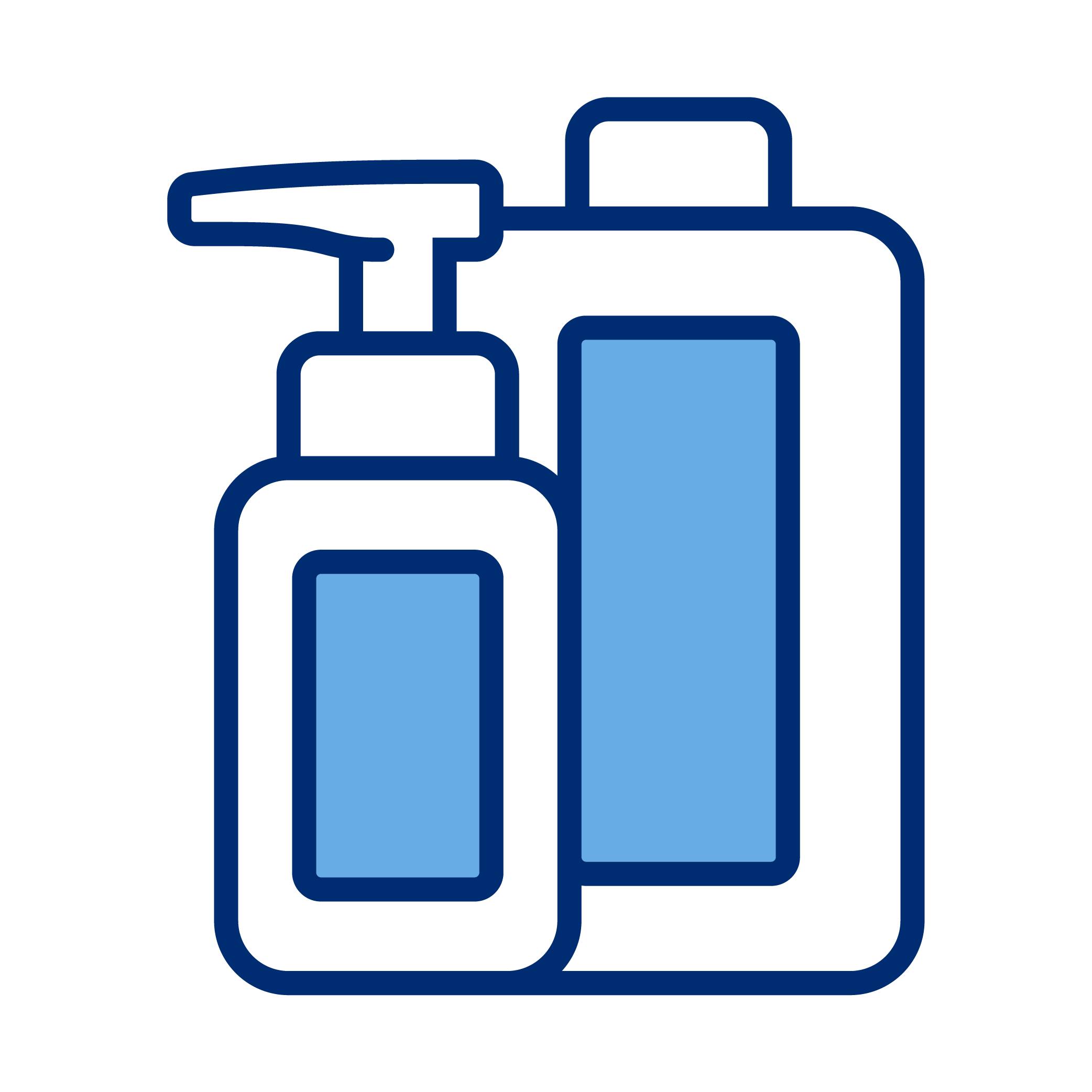 Outline drawing of three bottles, one with a pump and two with caps, in dark and light blue.