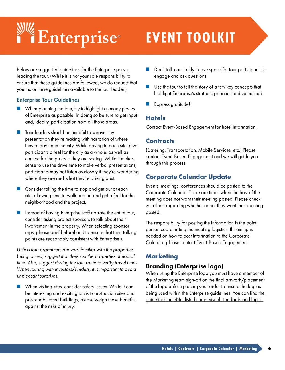 Guide for enterprise event planning, including tour guidelines, speech tips, hotel engagement, contracts, company calendar updates, and branding standards.